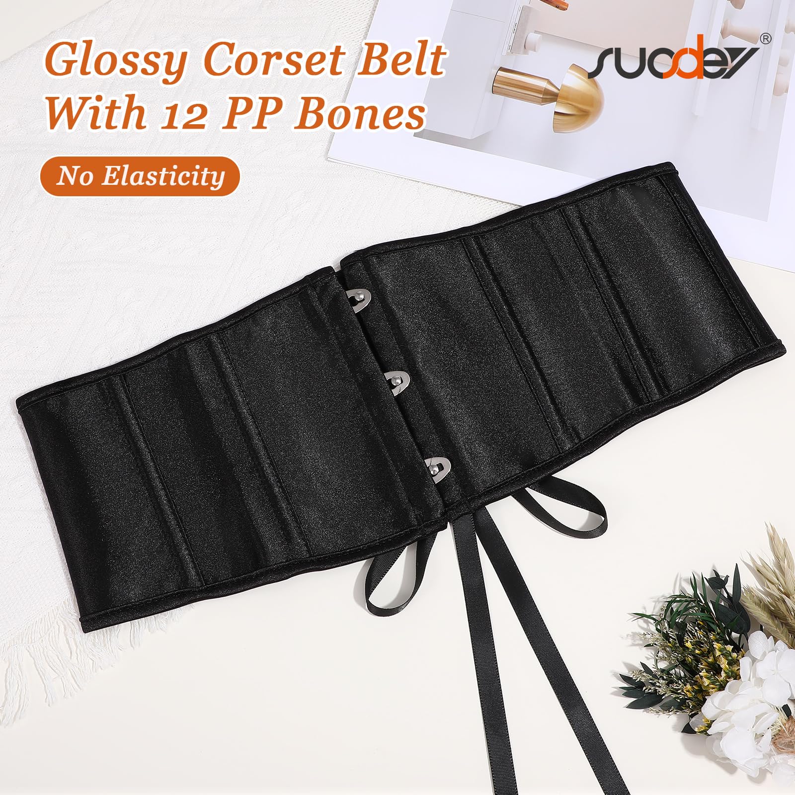 SUOSDEY Jacquard Corset Belt for Women Underbust Boned Lace Up Bustier Waspie Belt Renaissance Steampunk Pirate Corset: 03-black(glossy) Fit Waist Size 33"-36"