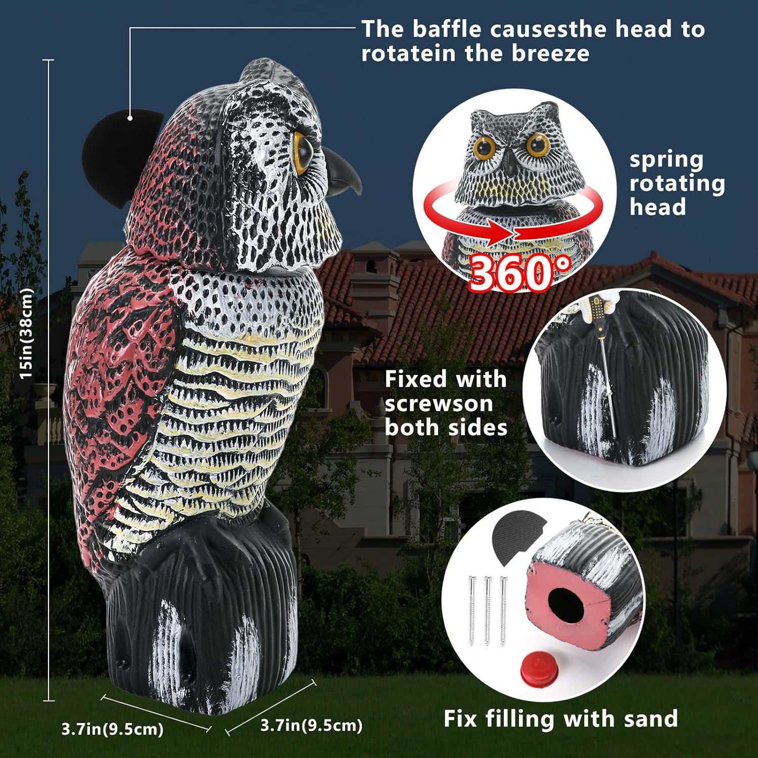 Fake Owl for Garden with Rotating Head,Realistic Eyes & Waterproof Shape