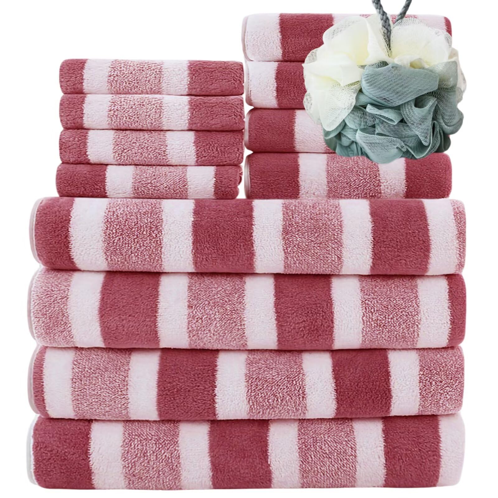 GNKBTOF 13 Piece Towel Set - 4 Bath Towels, 4 Hand Towels and 4 Washcloths 1 bath flower Cotton Daily Use Hotel Spa Quality Soft Highly Absorbent Quick Dry Light Weight pink