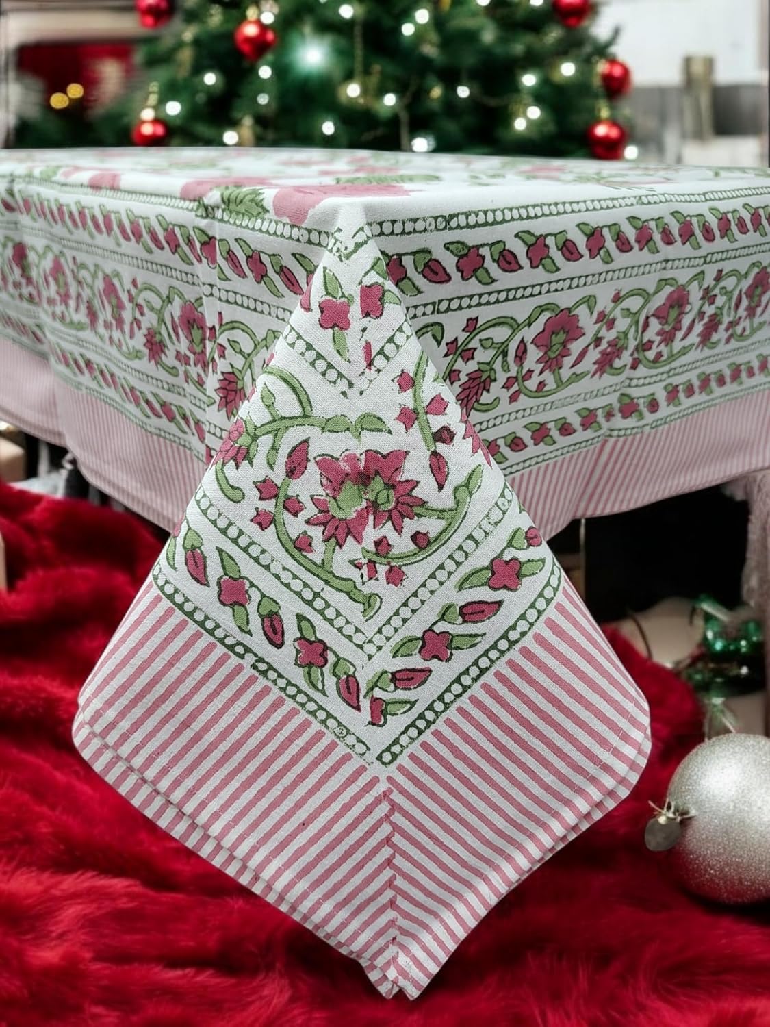 Handmade Rectangular Tablecloth Hand Block Print Cover 100% Cotton Floral White Blue Color with 6 Napkins, Dinner Table Parrty Decoration