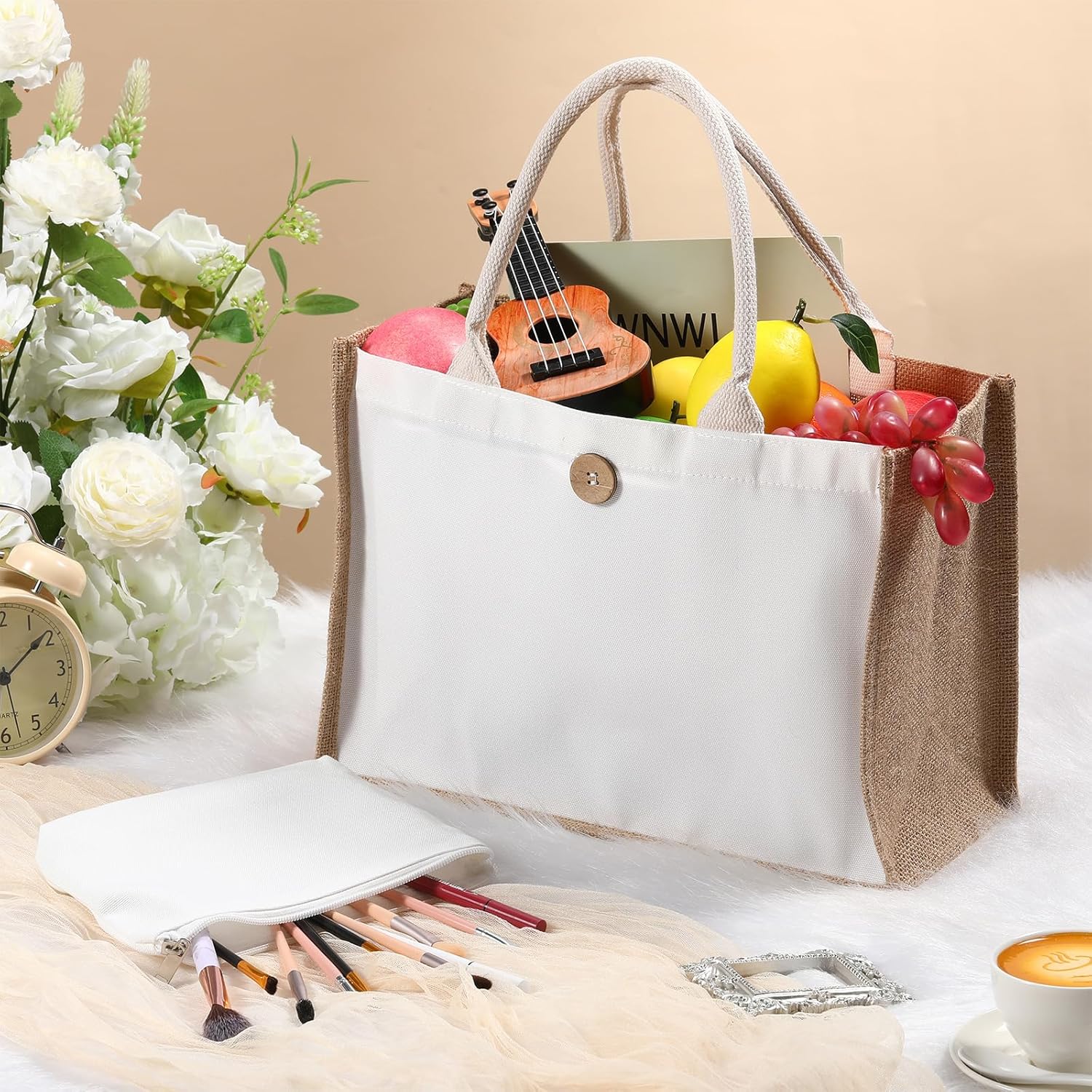 12 Pcs Sublimation Blank Tote and Makeup Bags Set, Reusable Canvas Polyester Tote Bags for DIY Burlap Gift - Image 4