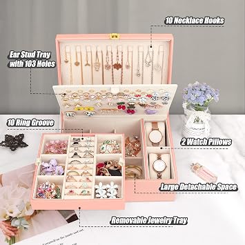 Jewellery Box Organiser for Necklaces Earrings Bracelets Rings Watches, 2 layer Large PU Leather Travel Jewelry Storage Case with Removable Tray and Large Stud Plate, Pink