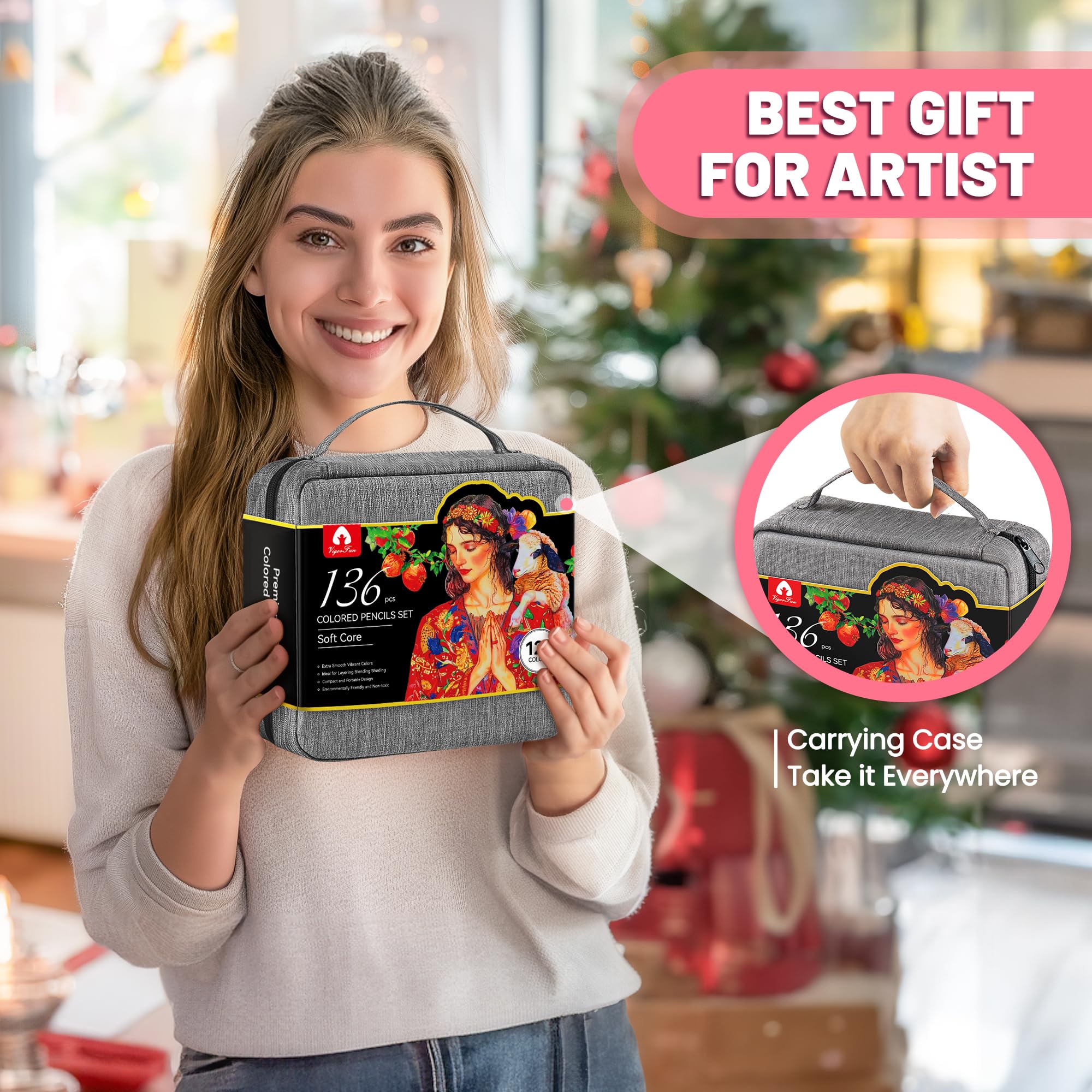 VigorFun Buntstifte-Set mit tragbarem Geschenketui, Kunstbedarf, 120 Buntstifte, 3-farbiges Skizzenbuch, Malbuch, Skizzenbuch, Spitzer, professionelle Zeichenstifte für Erwachsene und Kinder (grau)