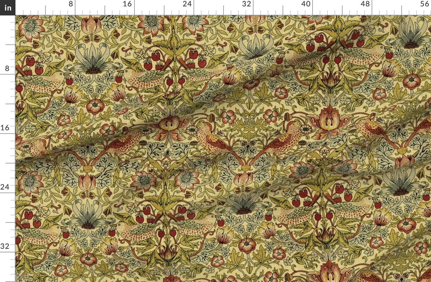 Spoonflower Fabric - Victorian Vines Birds Botanical Damask Strawberry William Morris Printed on Denim Fabric by The Yard - Bottomweight Apparel Home Decor Upholstery