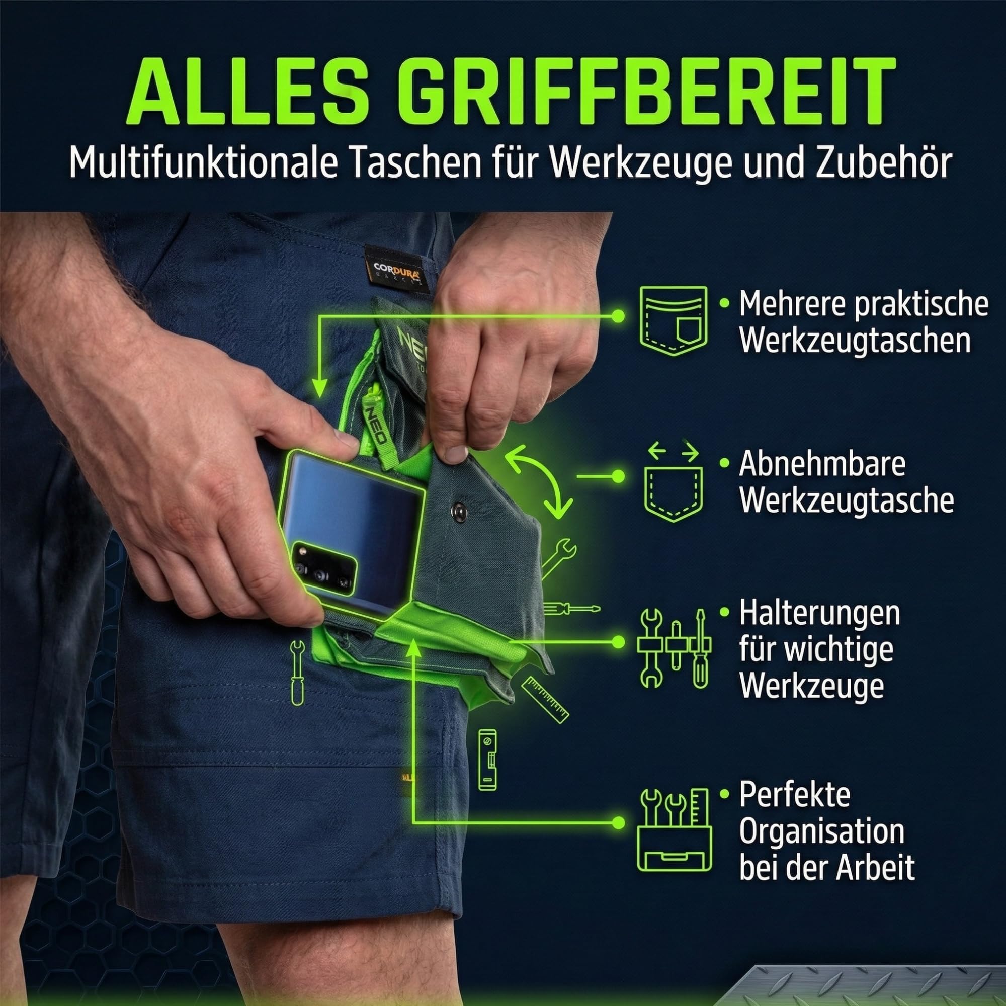 NEO TOOLS Herren Premium Kurze Arbeitshose mit Hosengürtel oder Komplett Sommer-Arbeitskleidungsset Set - Gr. XS - 3XL | Modisches Design, mit Cordura Verstärkt, Multifunktionstaschene