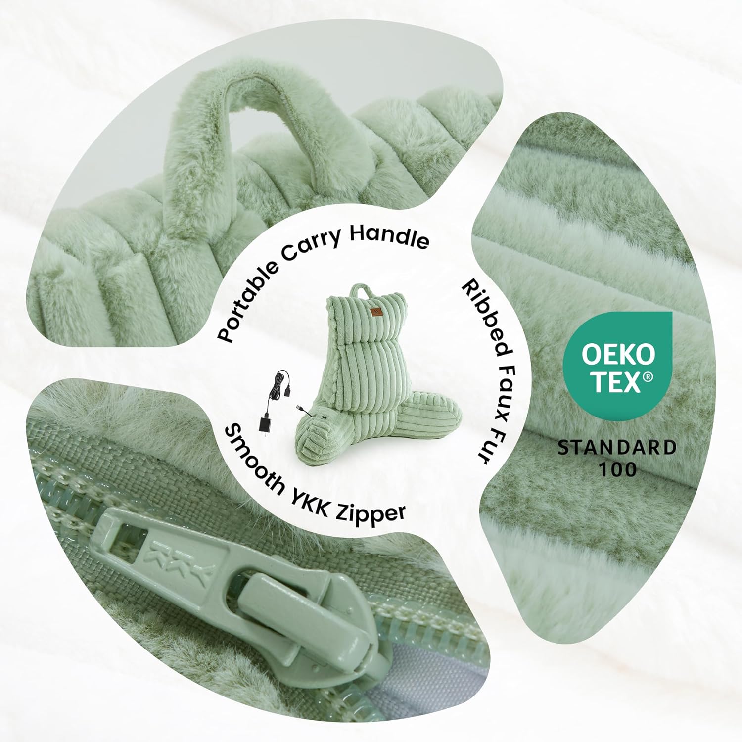 Amélie Home Heated Faux Fur Reading Pillow 3 Temperature Backrest for Sitting in Bed Support Cushion, USB-Powered(No Power Bank Included) Warming (113°F-131°F), 3H Auto Shutoff, Sage Green, 26 Inches