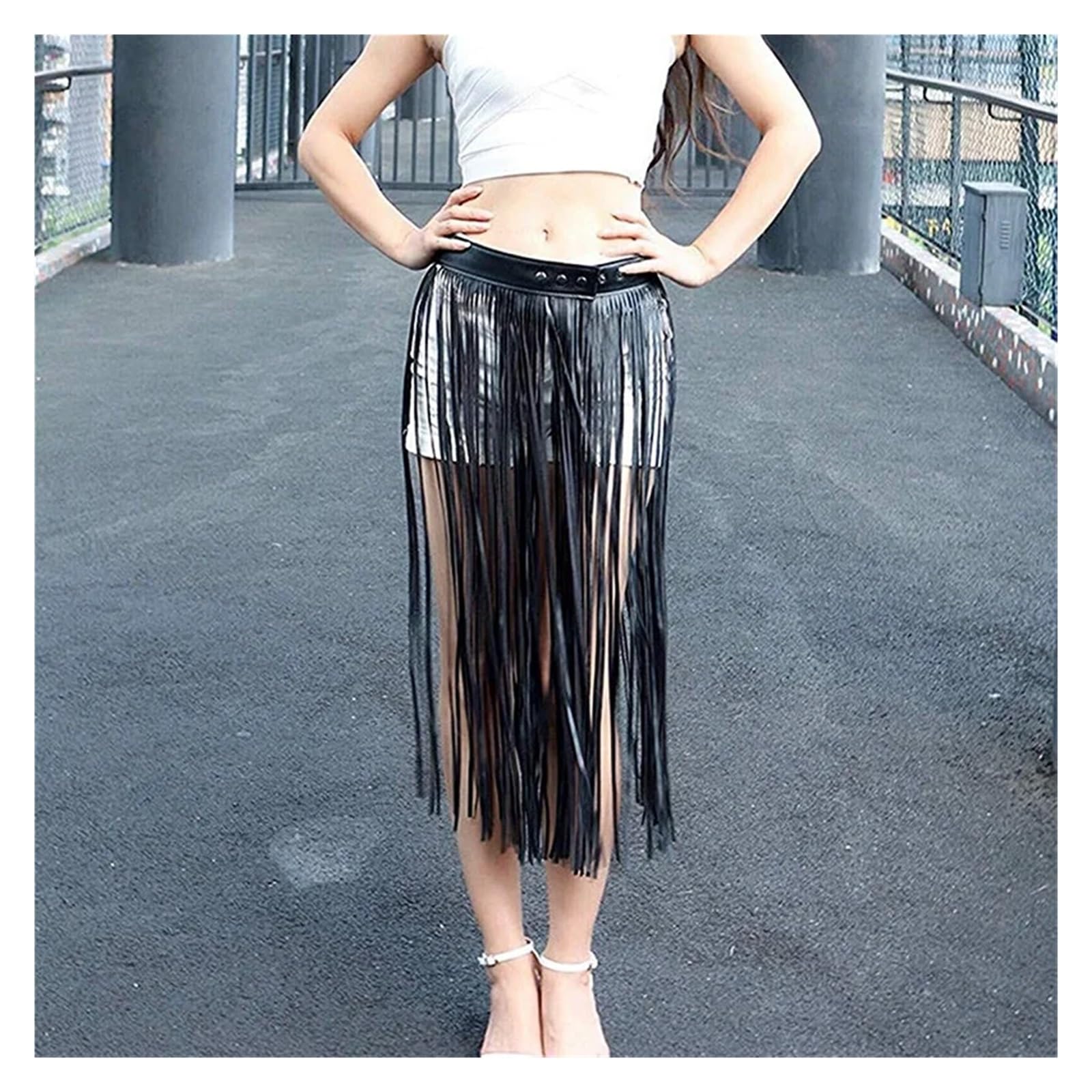 Falda de cuero con borlas for mujer Cinturones vestir flecos largos PU ajustados verano