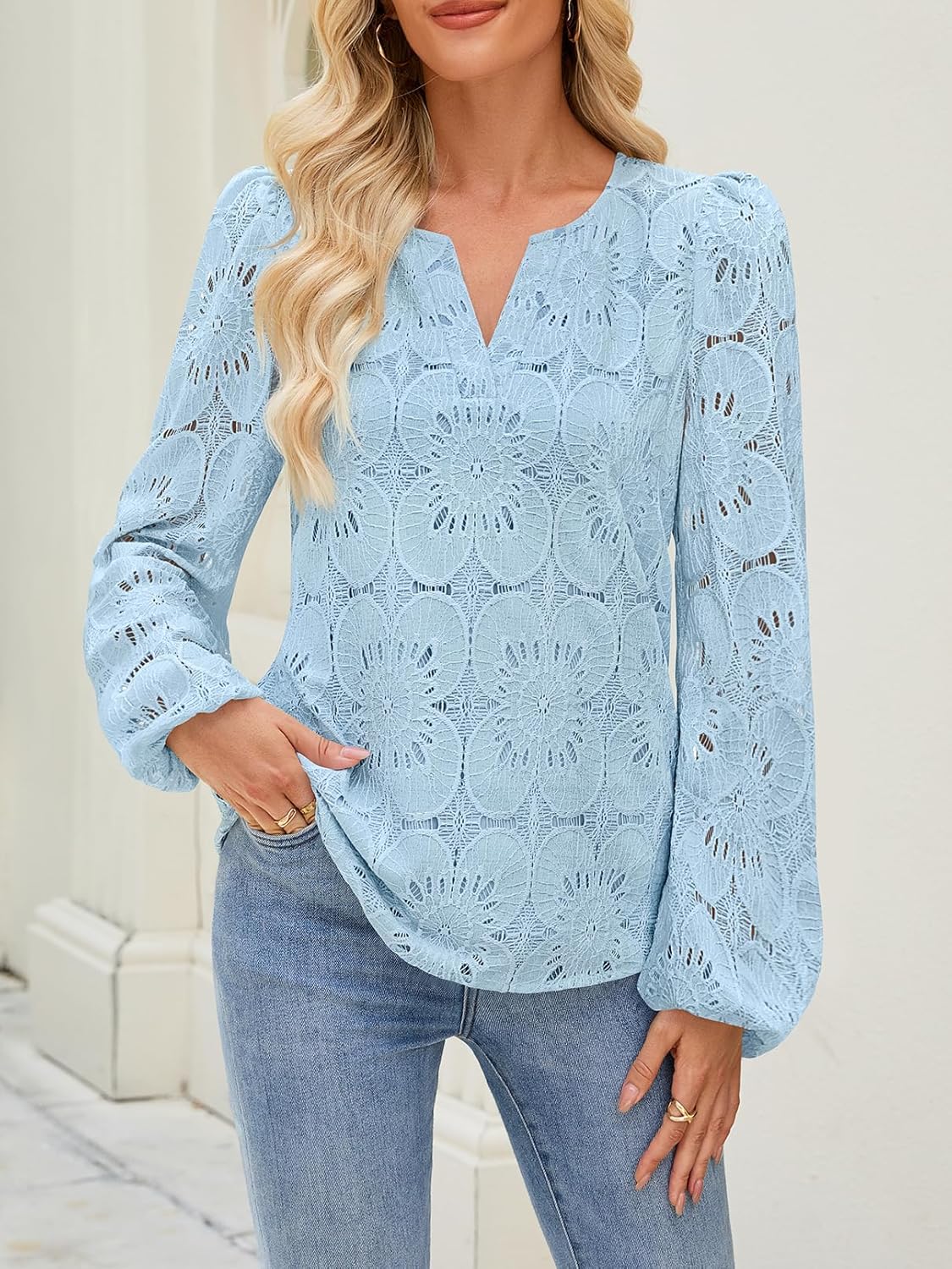 MEROKEETY Women's Eyelet Long Sleeve Shirts Tops Dressy Casual Fall Trendy Flower Lace Boho Crochet Blouses - Image 2