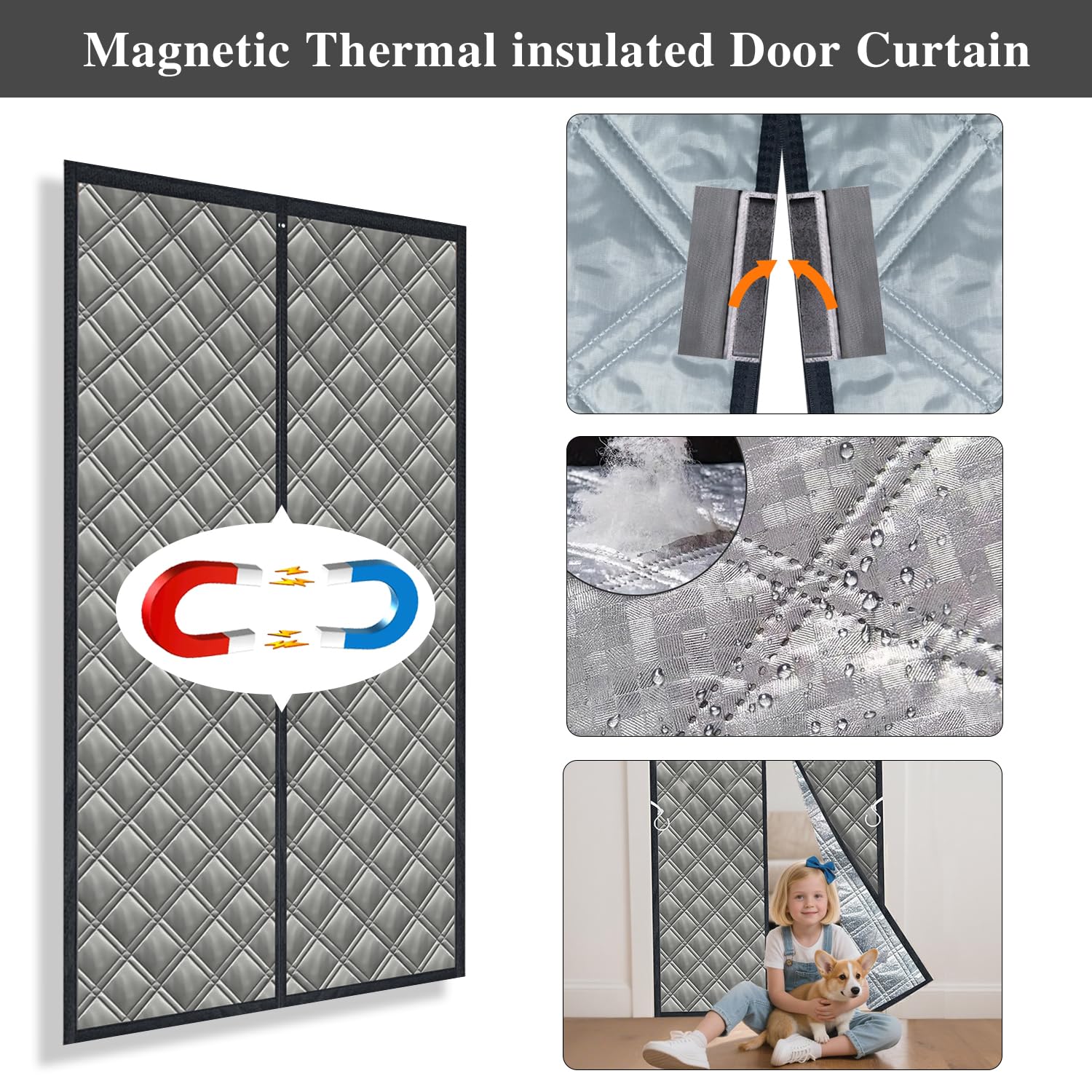 Aozzy Magnetic Thermal Insulated Door Curtain 38 * 83" 3 Layers Thickened Oxford,Cotton &Aluminium foil,Windproof & Soundproof Winter Front Door Curtain Temporary Insulation Cover,Grey - Image 2