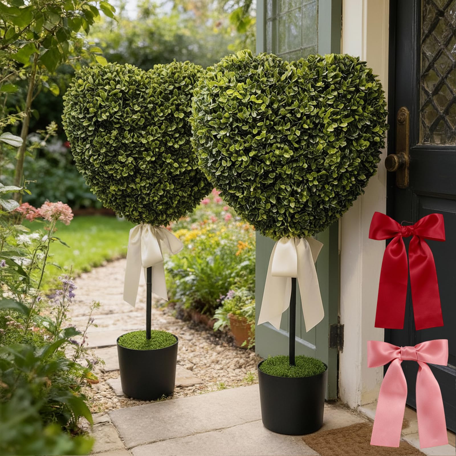 Topiaria a forma di cuore per esterni, 2026, alberi topiaria a forma di cuore, 73,7 cm, in bosso artificiale con fiocco, arte topiaria, per interni ed esterni, decorazione per portico domestico (2 set