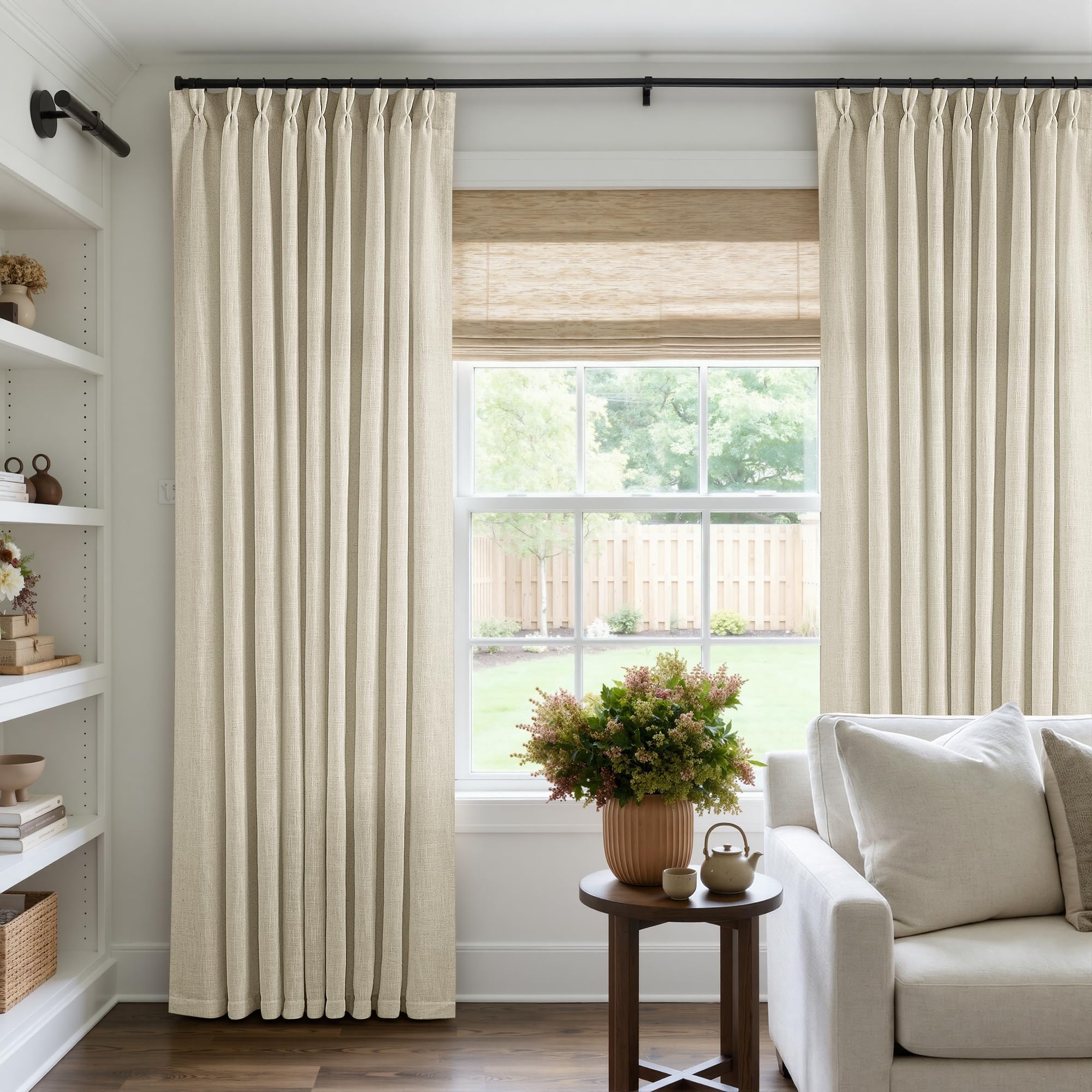 Photo 1 of Extra Wide Pinch Pleat 60 x 102 Inch Linen Curtains for Living Room Neutral Beige Light Filtering Semi Sheer Pleated Curtains for Patio Glass Sliding Door Dining Bedroom Large Window 60x102 1 Panel