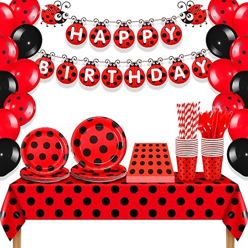 Sumind 200 piezas de decoraciones de fiesta de cumpleaños de mariquitas, suministros para fiesta temática de mariquitas, globos, vajilla, pancarta