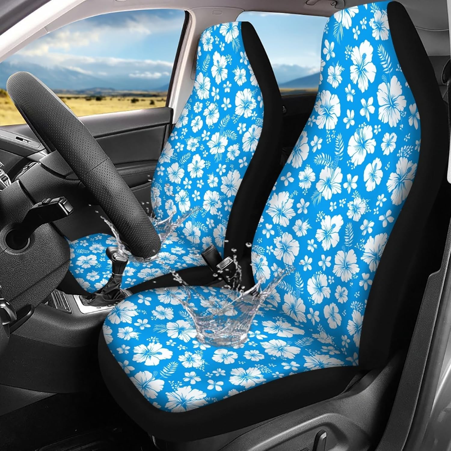 Blue Hibiscus Floral Front Car Seat Covers Only, 2pcs Auto Universal Seat Protector, Men Women Automobile Interior Decorate Accessories