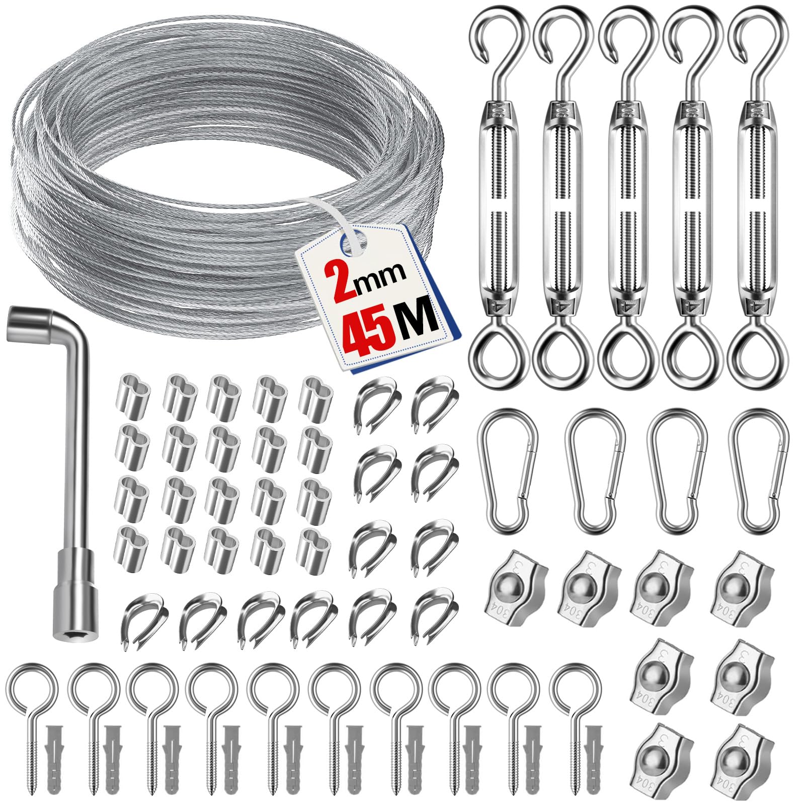 45M 71 Pcs Drahtseil Edelstahl Set,Stahlseil für Kletterpflanzen Rankhilfe