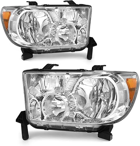 ROADEAL Headlights Assembly for 2007 2008 2009 2010 2011 2012 2013 Toyota Tundra 2008-2017 Toyota Sequoia Headlamps Pair Chrome Housing (Fit