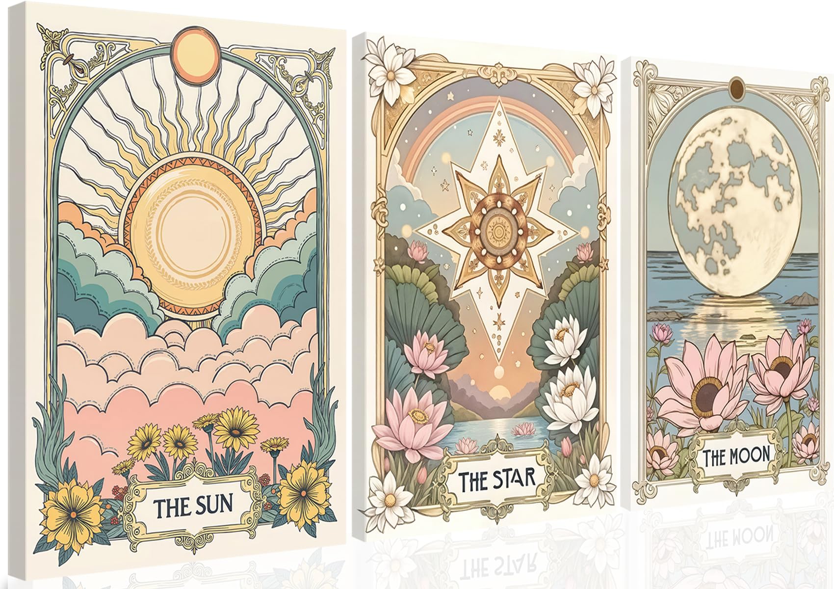 Sun and Moon Wall Art Set of 3 Vintage Mystical Tarot Astrology Wall Decor Star Celestial Paintings Pictures Bohemian Floral Canvas Posters Prints Artwork for Bedroom Living Room(12x16in Canvas)