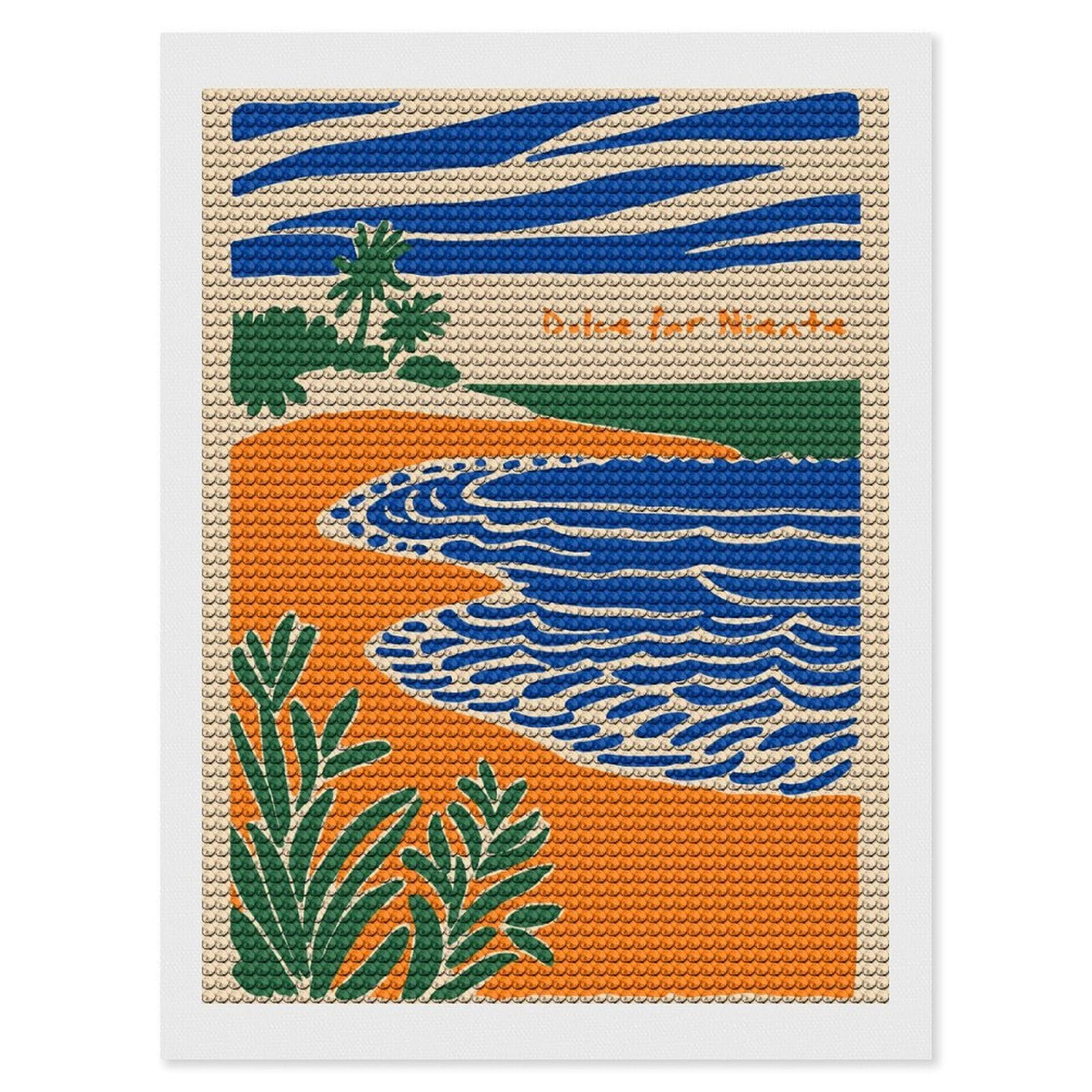 Junmoney Dolce Far Niente Beach Illustration DIY Diamond Art Canvas Kit 12"x16", Winter Craft, Mindful Craft Project, Aesthetic Room Decor, Decor Project