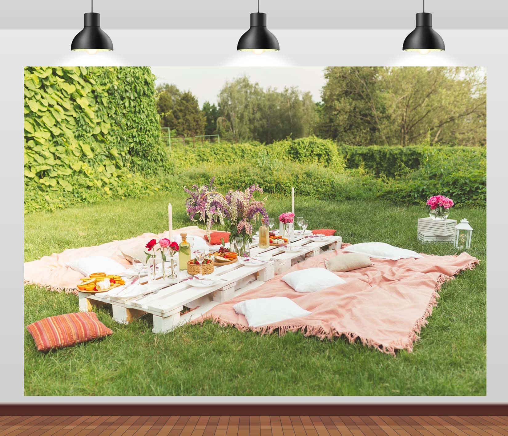 15x10FT (4.6x3m) Elegante Tavolo Da Picnic In Giardino Sfondo Fotografico | Allestimento Per Festa All'Aperto Fondale In Tessuto,Tavolo Basso Bianco,Per Feste In Giardino E Foto Di Famiglia,Photo Booth