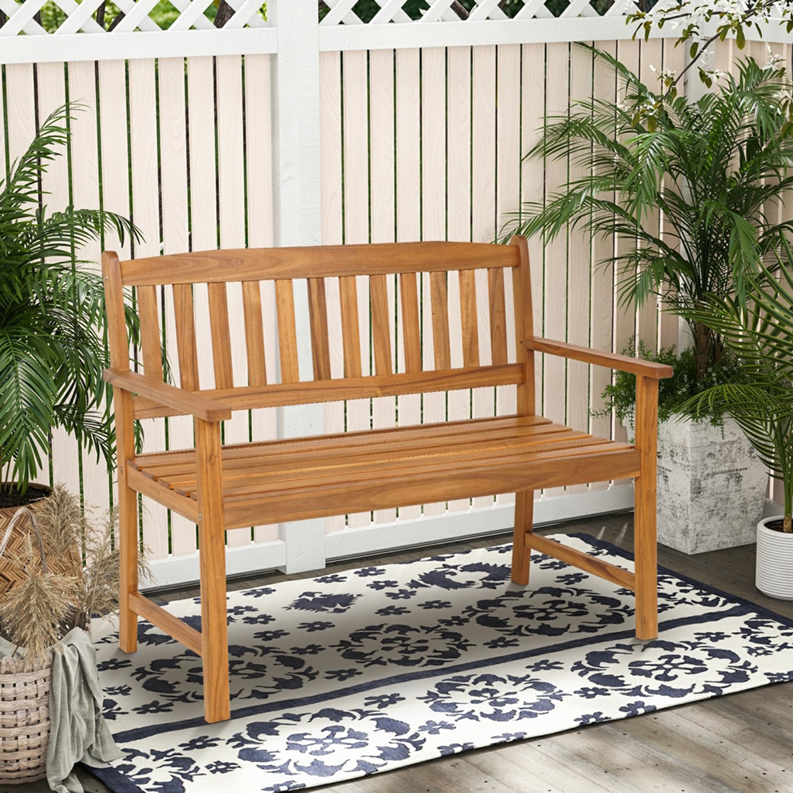 KOMFOTTEU Banco de Jardín de 2 Plazas, Banco de Parque de Madera de Acacia, Sillón Doble con Respaldo y Reposabrazos, Silla de Exterior con Carga 360 kg, para Terreza, Patio (110 x 56,5 x 86 cm)