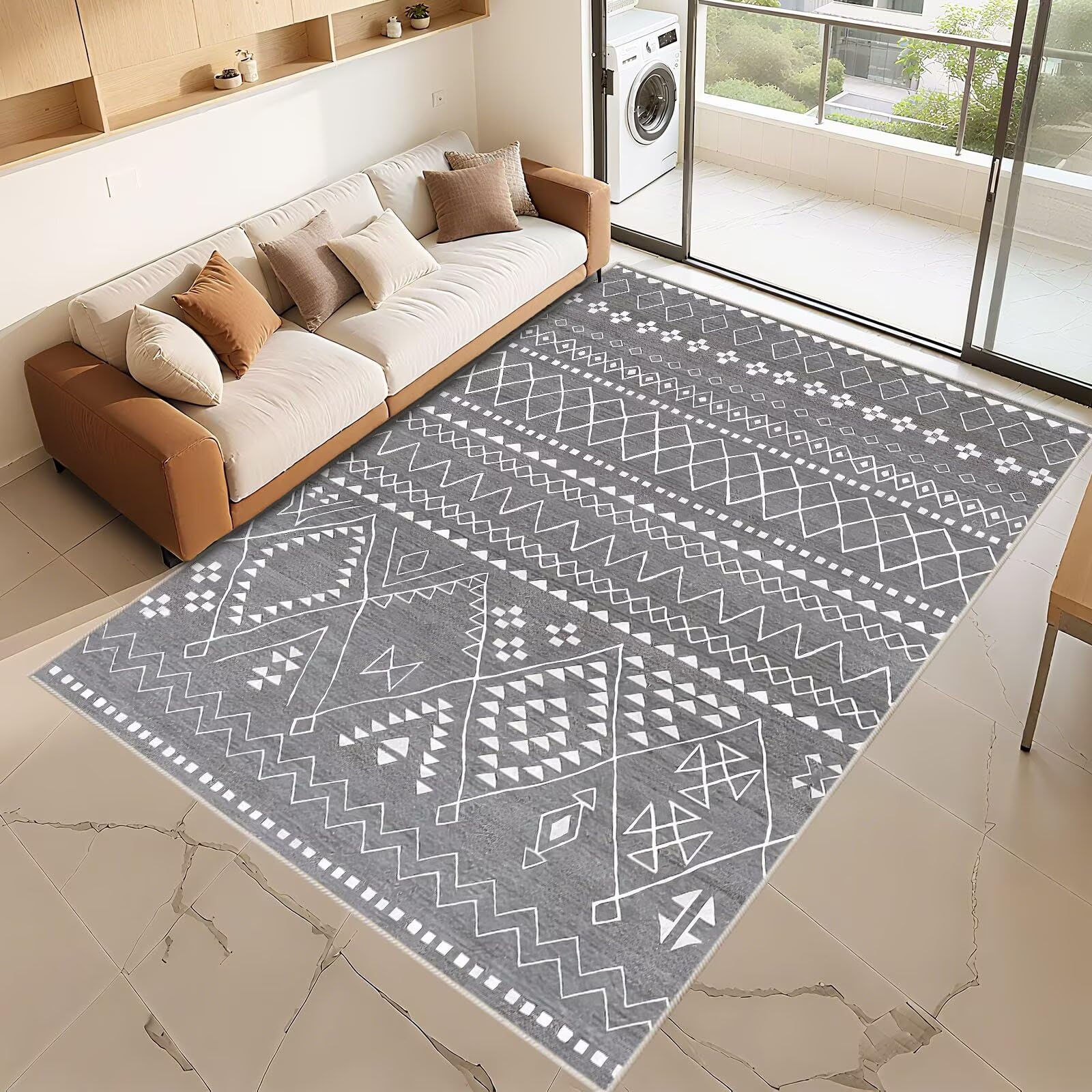 Waschbare Bettvorleger Teppich Grau 70x100cm, Zuschneidbar Fusmattenaußen Geometrische Muster im nationalen Stil für Bürokorridore
