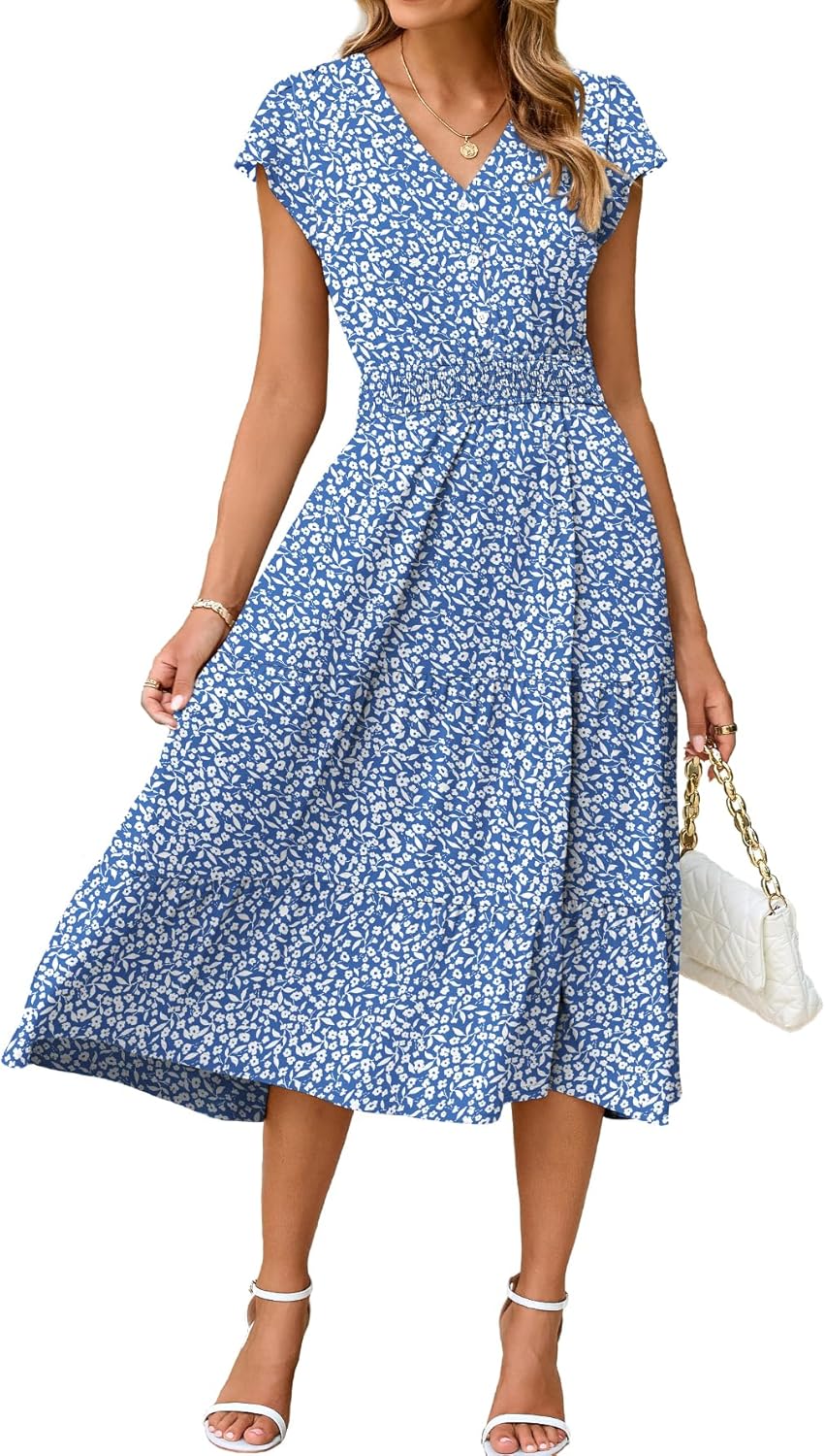 BerryGo Women's Floral Boho Ruffle Summer Midi Dress Short Sleeve V Neck Empire Waist Swing Flowy Dress