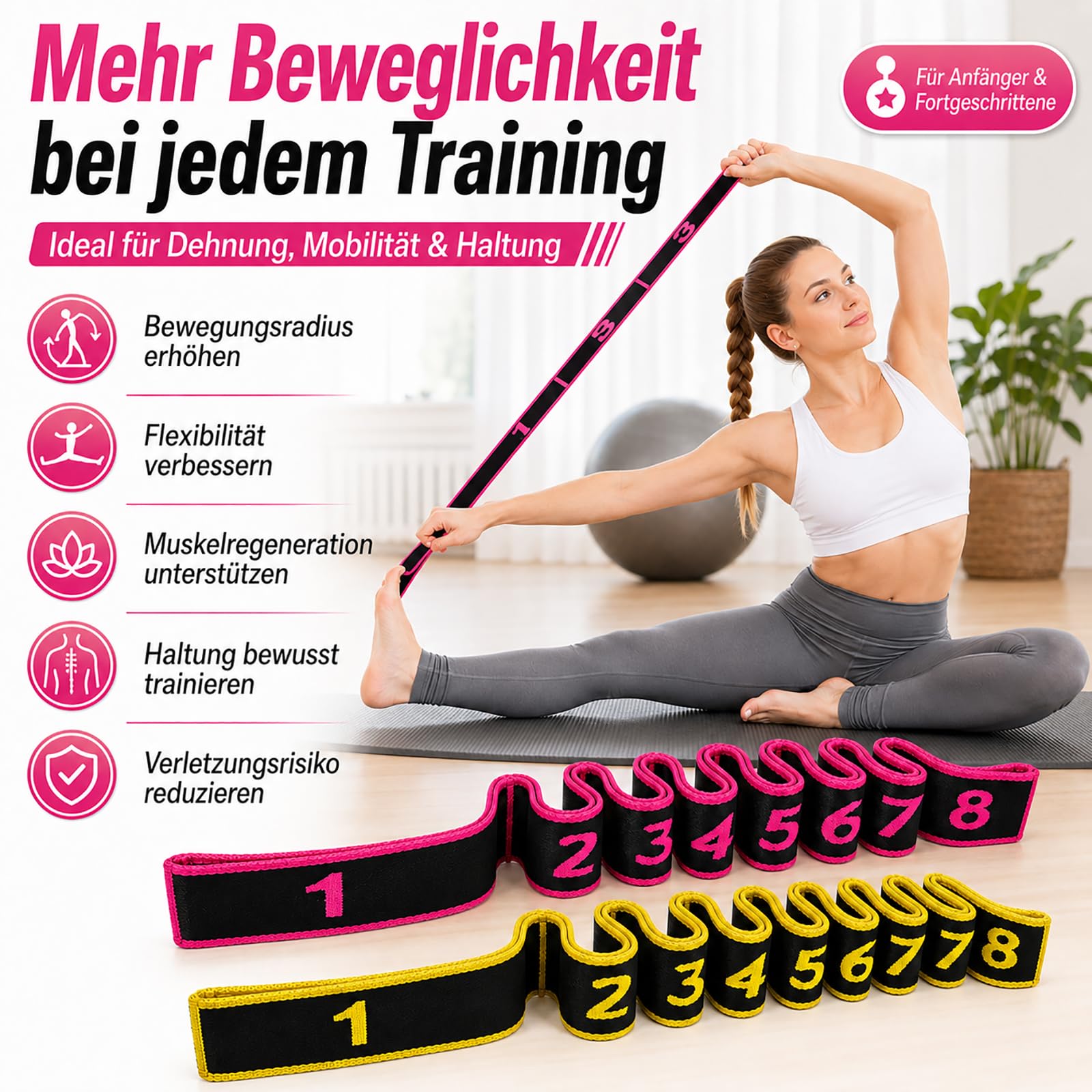 2 Pezzi Fascia Elastica per Yoga, Fasce Elastiche di Resistenza, Bande di Allenamento per Ginnastica, Fascia Esercizio Regolabile con Più Anelli, per Fitness, Danza, Ginnastica (Rosa+Giallo)