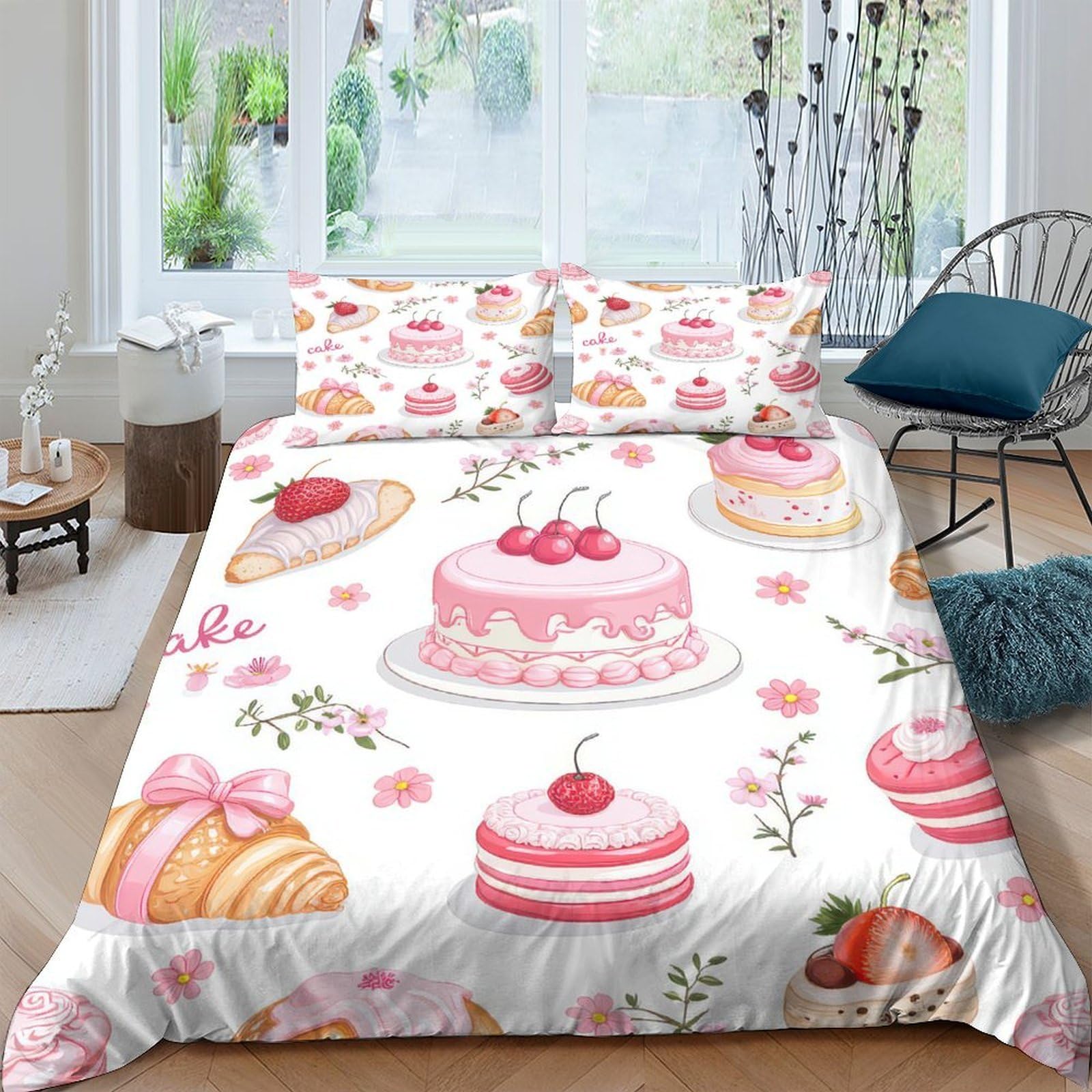 Ctjqhvkz Style-1 3D Printed Pink Cake Fitted Sheet Microfiber Soft Sweet Dessert Bed Cover For Bedroom Dorm Mattress Decor Single（135X200cm）
