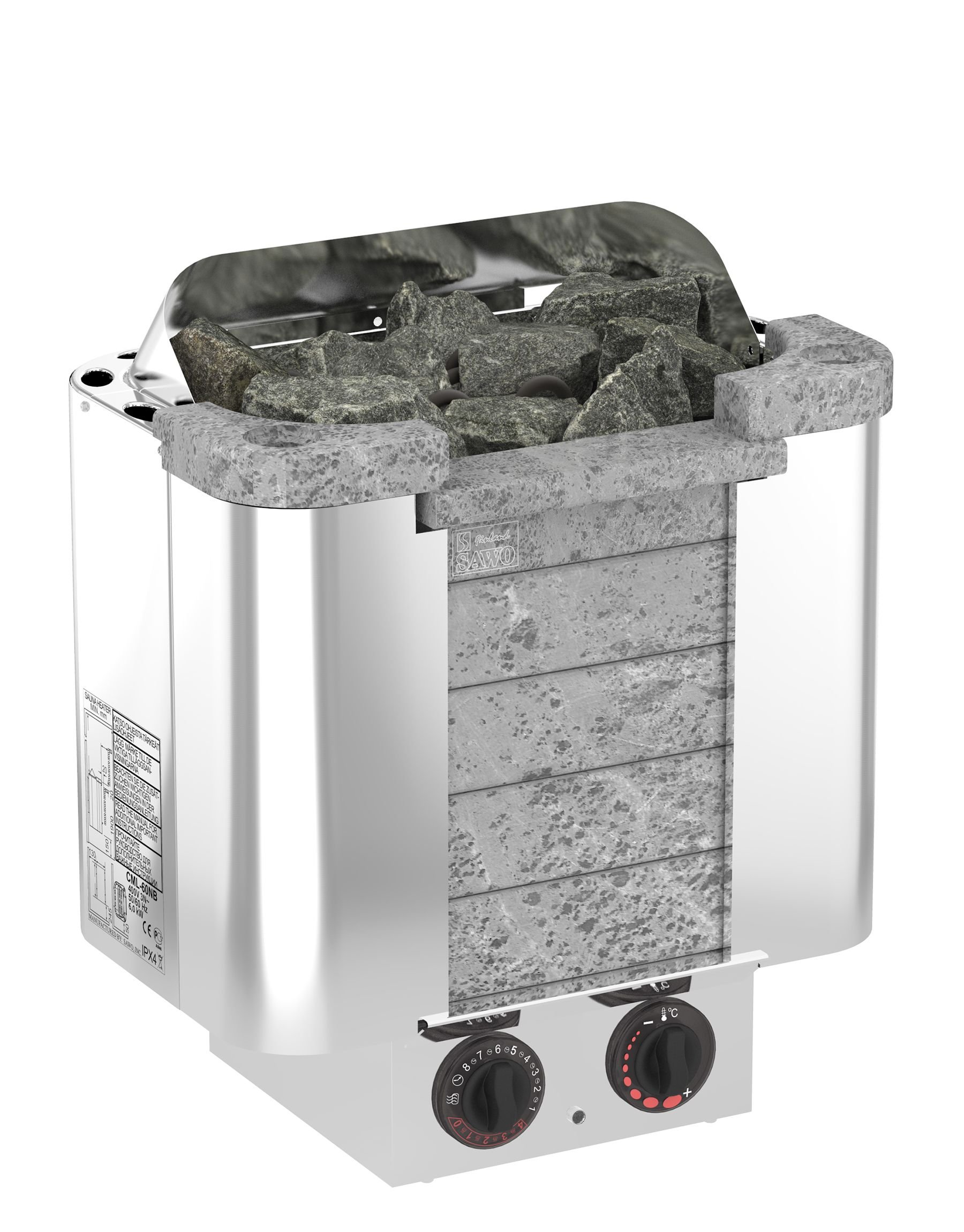 SAWO Cumulus 6,0 kW Stufa elettrica per sauna; controllo integrato direttamente sulla stufa (NB modelo); Multi-Voltaggio: 230V monofase o 400V trifase; Custodia in acciaio inossidabile