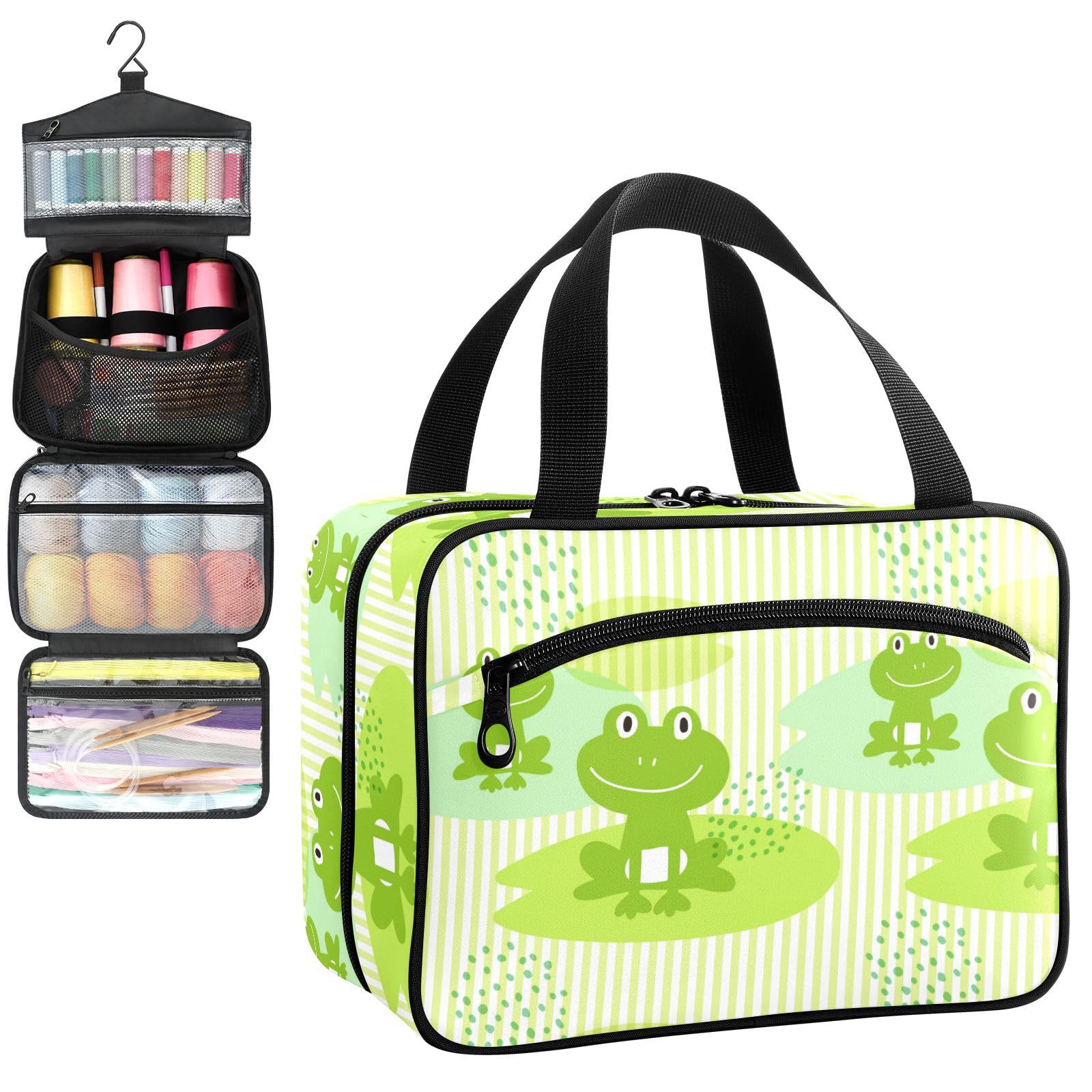 YNNALE Sewing Supply Organizer Bag, Cute Green Frog Cartoon Pound Frogs Portable Sewing Bags with Pockets&Hanger, Sewing Storage Box Case for Sew Supplies/Kit/Tools/Accessories (BAG ONLY)