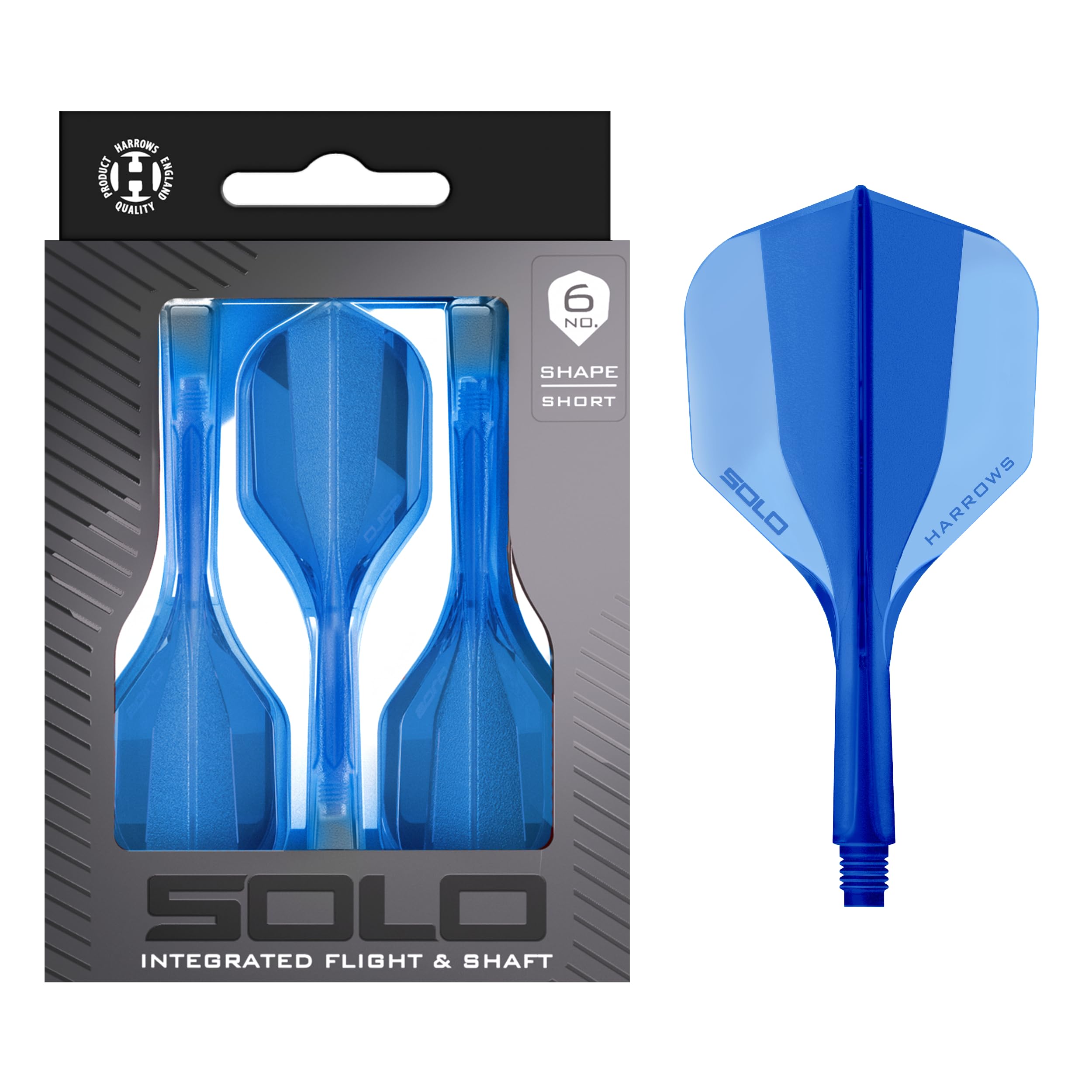Harrows Solo Integrated Flight & Shaft System – 3 Molded Flights & Shafts – One-Piece Aero Core Construction – Fixed 90° Design for Stability (Blue, Short)