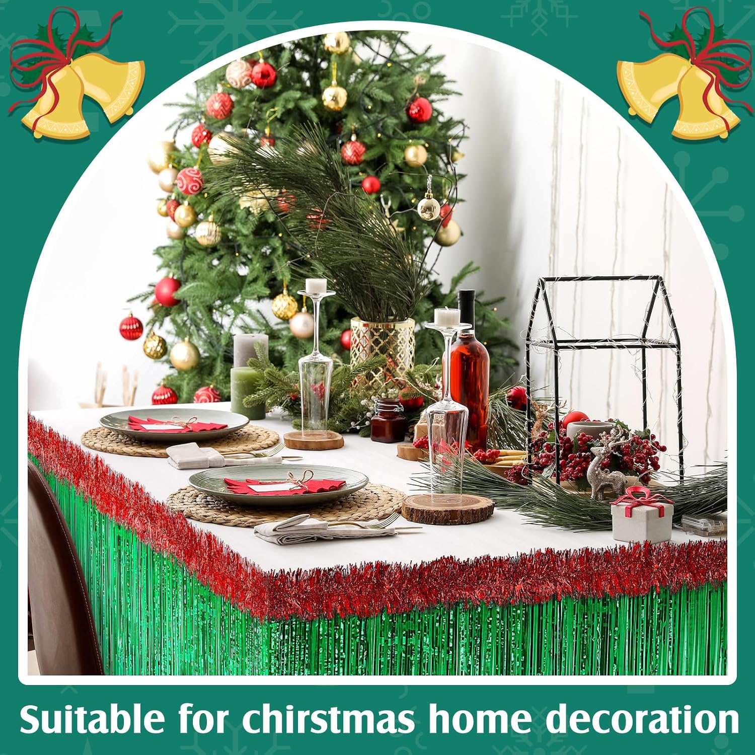 Crowye 20 Pcs Christmas Parade Float Decoration Kit Include 8pcs 9ft Foil Fringe Table Skirt, 12pcs 6.6ft Metallic Tinsel Garland for Trailer Car Float Supplies Decor(Green Table Skirt, Red Garland)