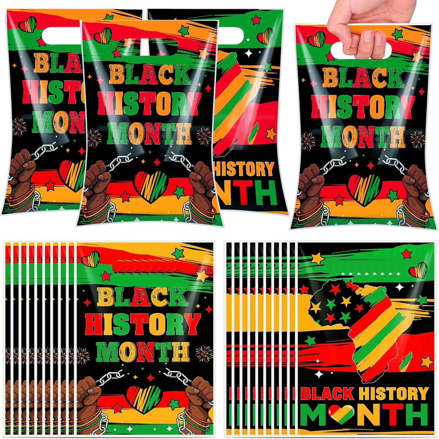 TAKEALOOKO 50 Pcs Black History Month Plastic Gift Bags - Bulk Treat Goodie Bags for Juneteenth & African American Independence Day Festival Celebration Party Supplies