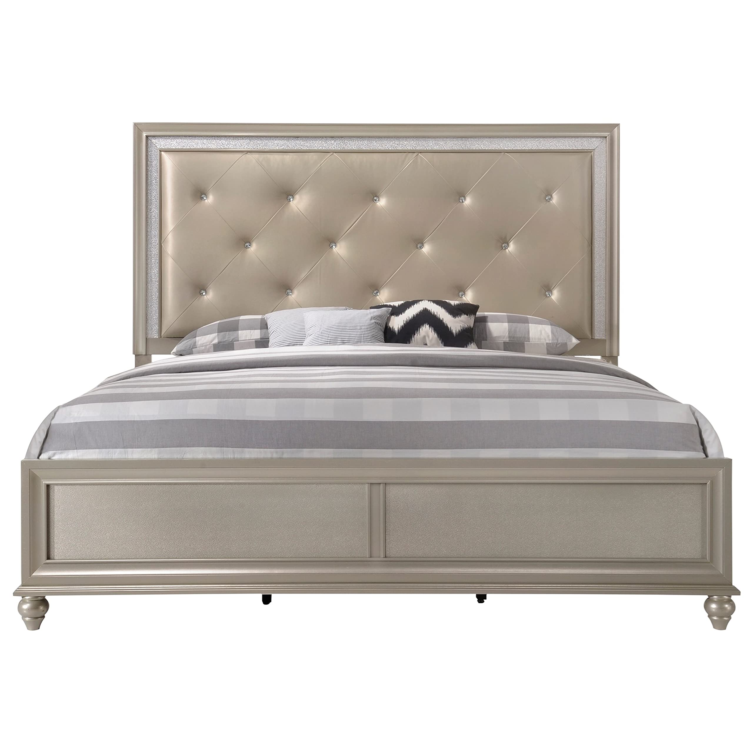 EsofastoreModern Champagne Faux Finish 1pc Queen Size Bed Button Tufting Faux Gems Headboard Bedroom