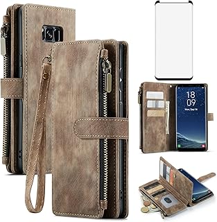Asuwish Phone Case for Samsung Galaxy S8 Plus Wallet Cover and Tempered Glass Screen Protector Leather Flip Credit Card Holder Stand Cell Glaxay S8plus S 8 8plus 8S Edge S8+ SM-G955U Women Men Brown