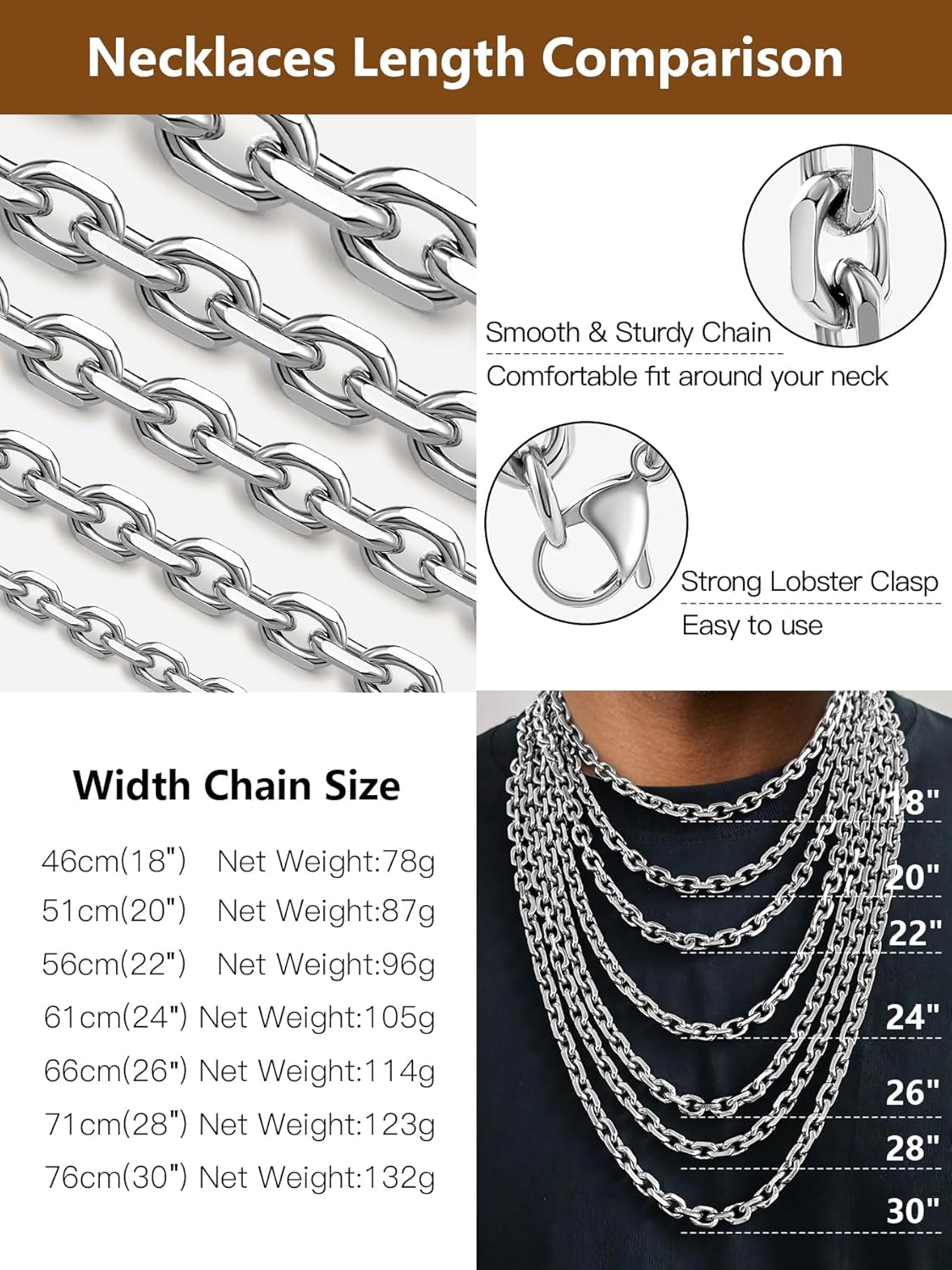 Cable Chain Stainless Steel Necklace for Men Women, 3/5/8/10/13MM Width, 18K Gold Plated/Black Metal/316L Stainless Steel Sturdy Rolo Link Chain Necklace, 18-30inch Length - Image 6