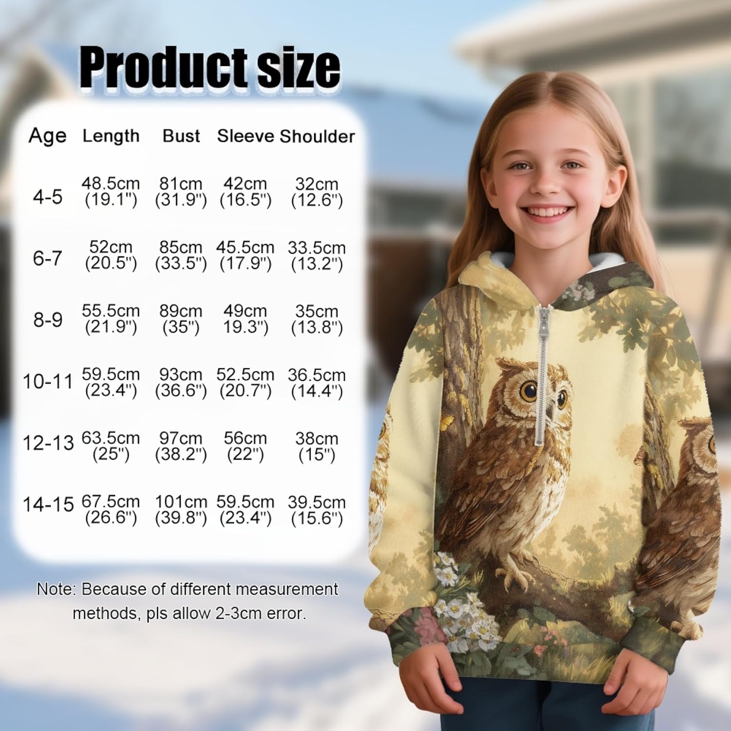 AmzPrint Toddler Big Girls Half Zip Fleece Hoodie Long Sleeve Pullover Holiday Novelty Owl Woods Flowers Print Yellow Popular Hoodies For Teen Girls