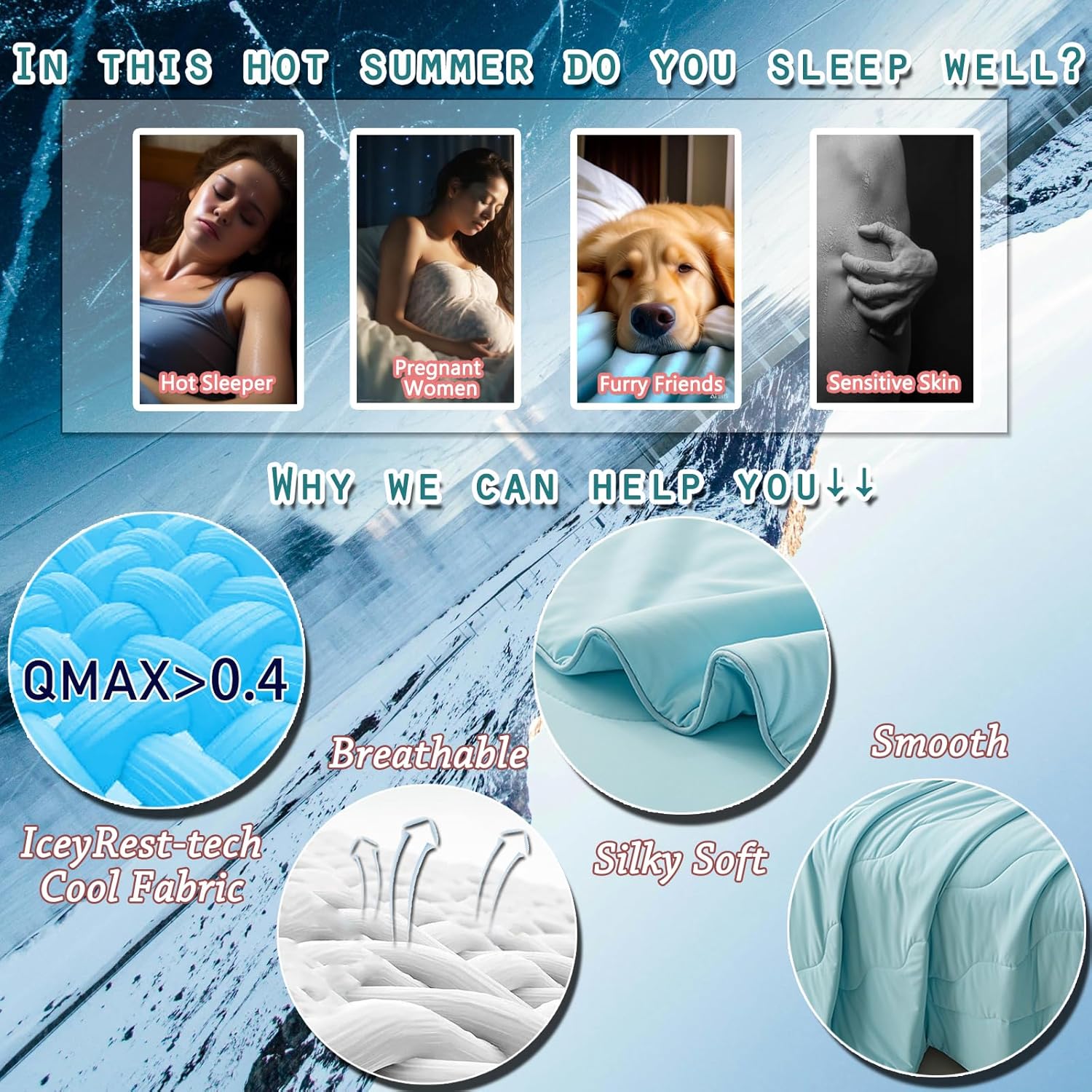 MorroMorn Cooling Comforter for Hot Sleepers & Night Sweats - IceyRest Cold Touch Technology, Lightweight Summer Blanket All-Season Breathable Silk Smooth (Ice Blue, King Size 104"x90")