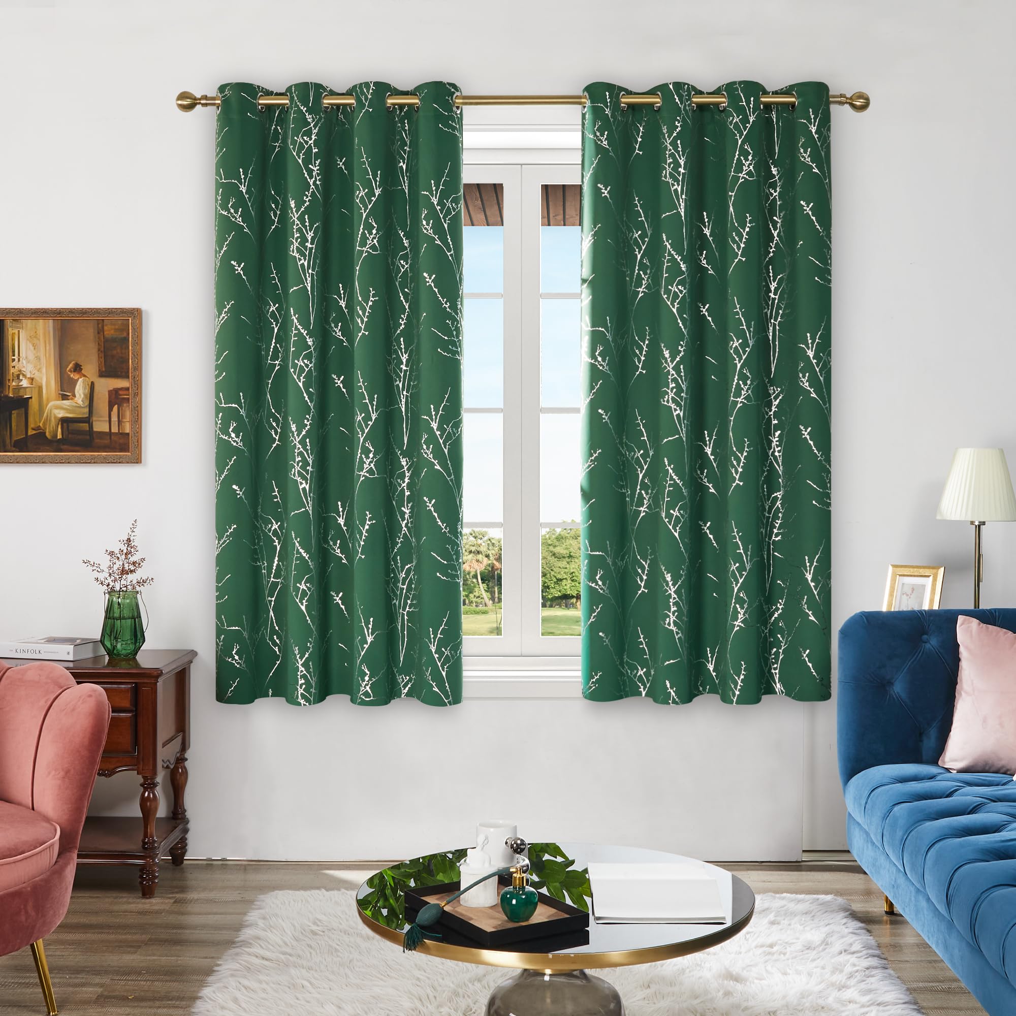 Deconovo Blackout Curtains Thermal, Tree Branches Printed Eyelet Curtains for Christmas, Dark Forest, 46 x 54 Inch (Width x Length), 2 Panels - Image 2