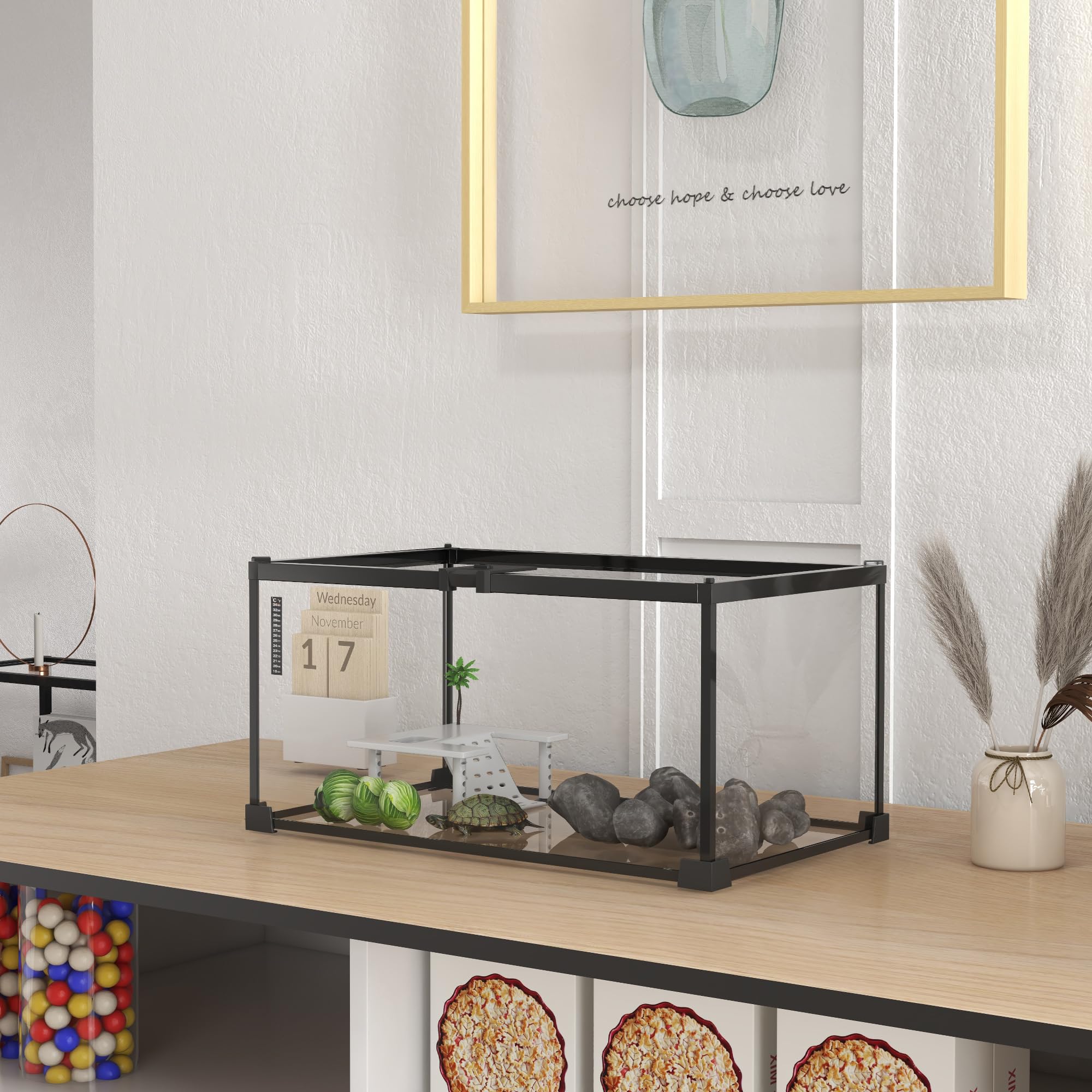 PawHut Boîte à Reptiles Terrarium Habitat Transparent 50x30x25 cm Blanc avec Couvercle Coulissant Treillis métallique