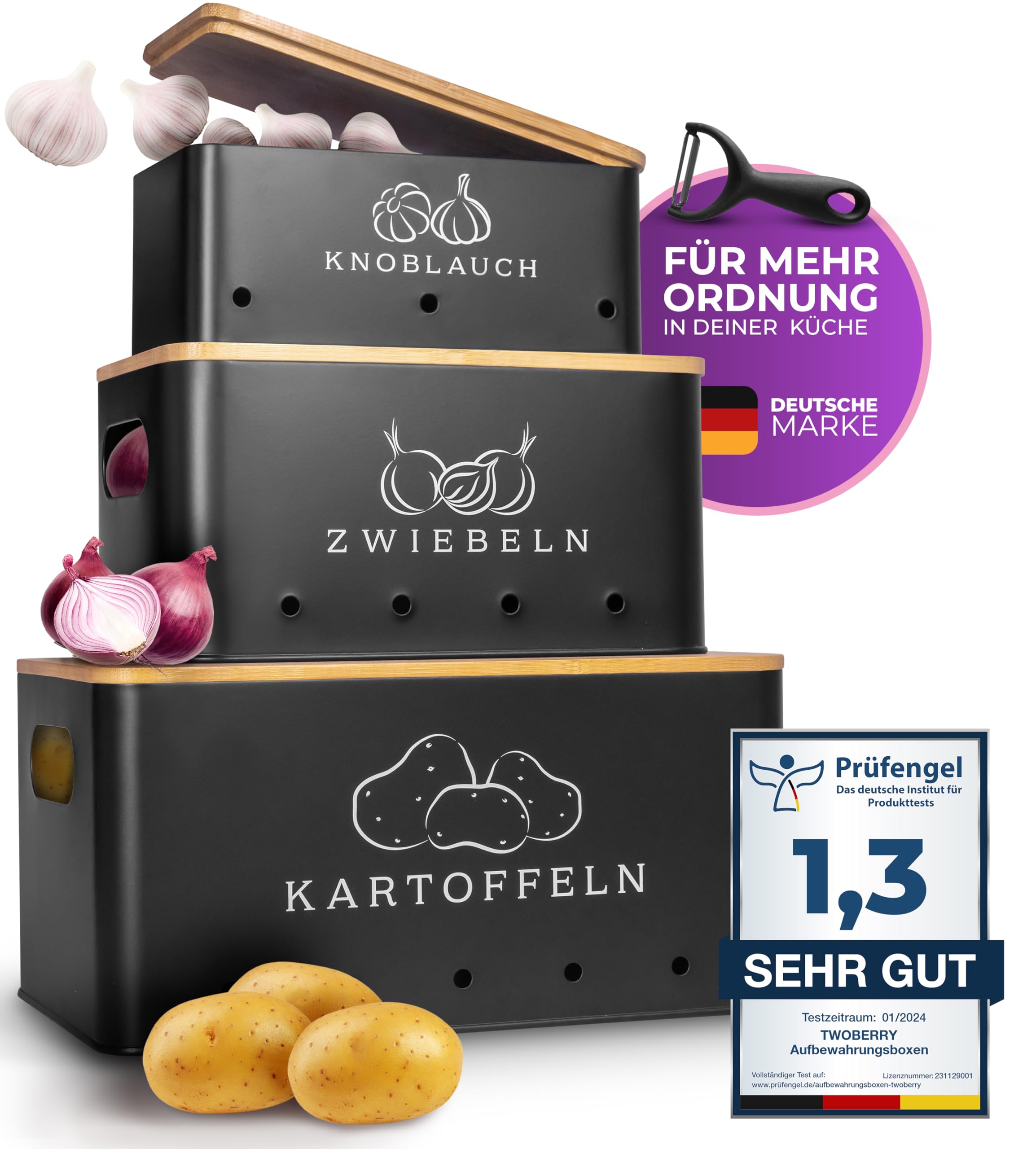 TWOBERRY Kartoffel Aufbewahrungsbox (3er Set) inkl. Sparschäler- längere Haltbarkeit durch Luftzirkulation - ideale Zwiebel Aufbewahrung Kartoffel Aufbewahrung & Knoblauch Aufbewahrung