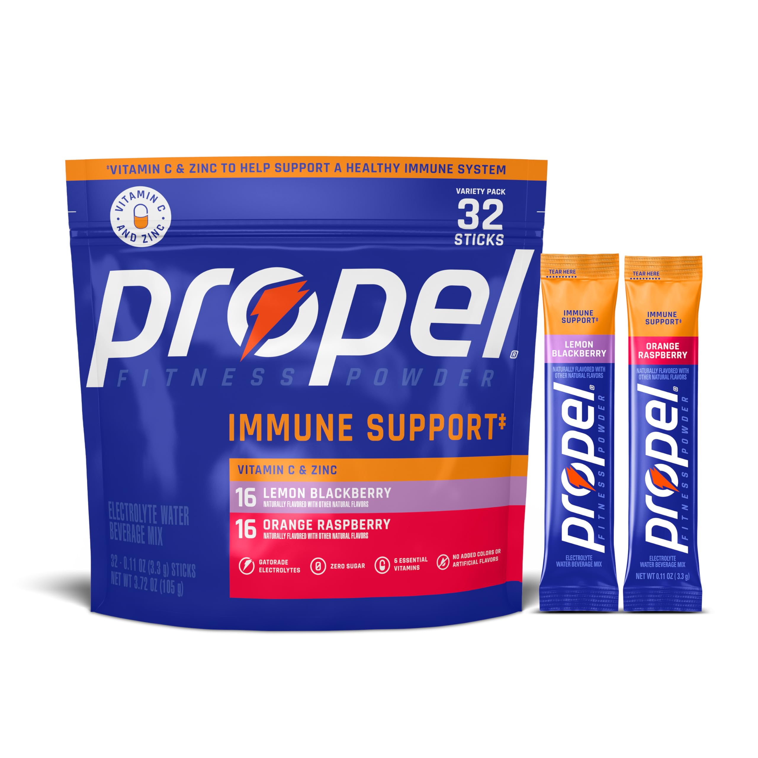 Propel Immune Support Electrolyte Powder Drink Mix, 2 Flavor Variety Pack, (32 Servings), 100% DV Vitamin C, Good Source of Zinc, Zero Sugar, No Added Colors, No Artificial Flavors
