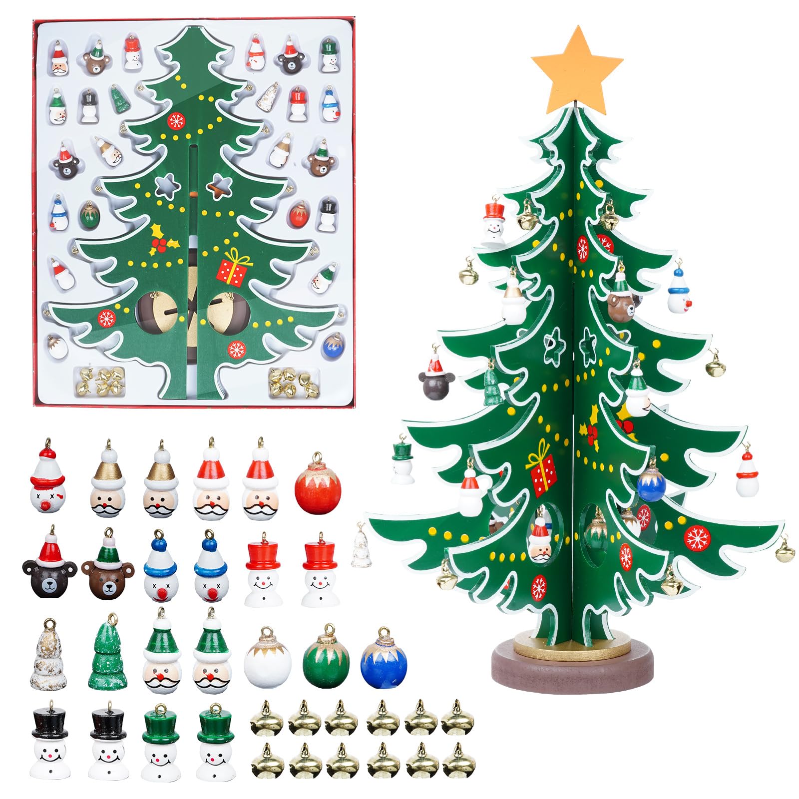 Wooden Tabletop Christmas Tree, Mini Christmas Tree with 36 Mini Ornaments for Xmas Decoration Tabletop Decors for Boy sand Girls