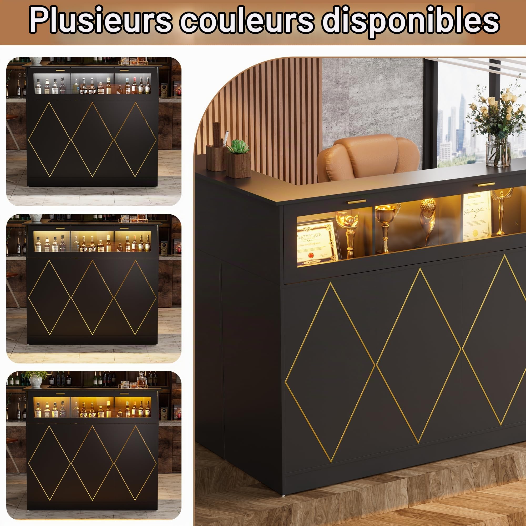 MSFE Comptoir de Réception avec LED, Moderner Comptoir Caisse Comptoir Accueil avec Tiroir et Armoire et étagère D'exposition Comptoirs Caisse Salon de Coiffure,Bureau,Boutique, 126x93x111cm (Noir)