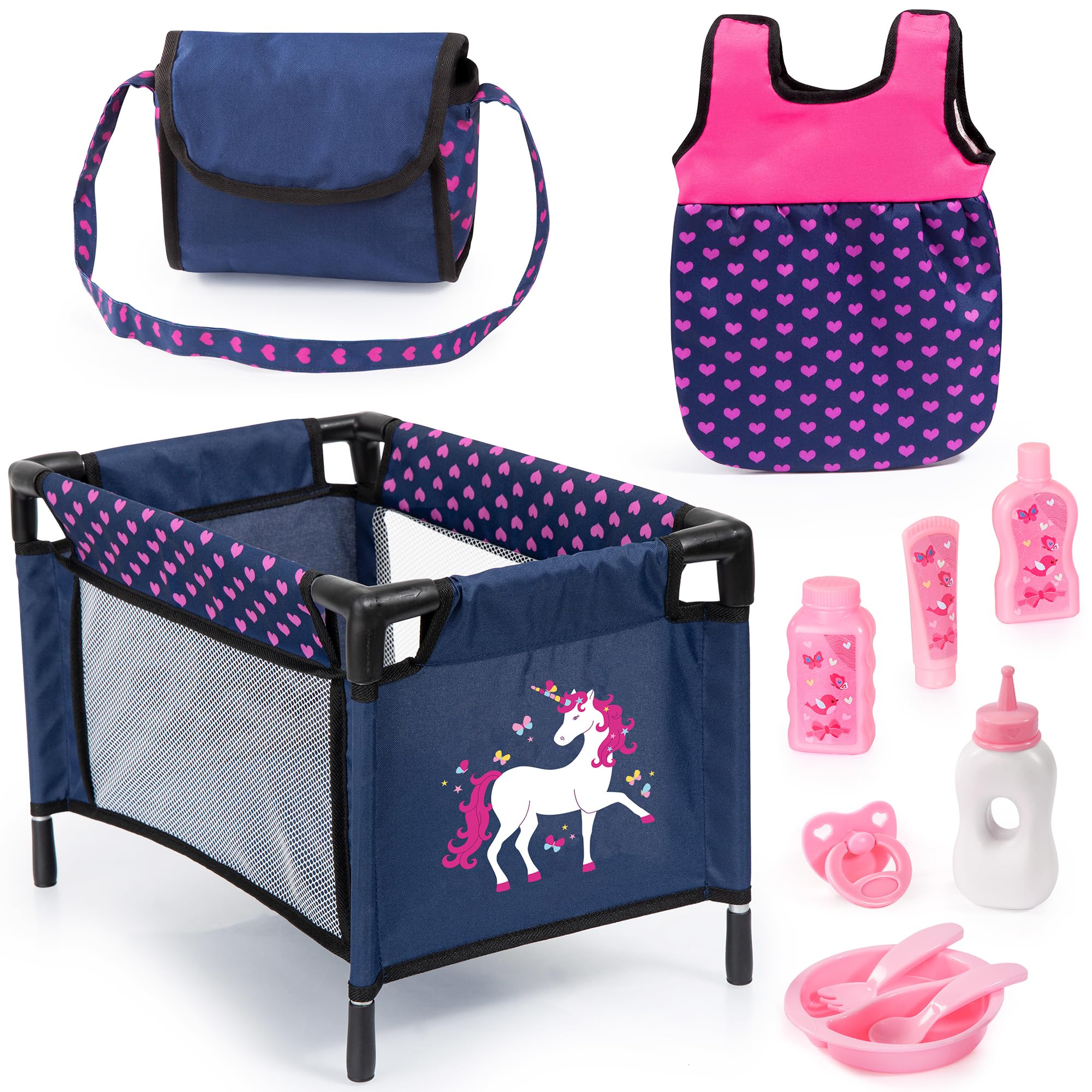Bayer Design 61754AC Doll Accessories, baby doll bed, bag, sleeping bag, care set, bottle, dummy