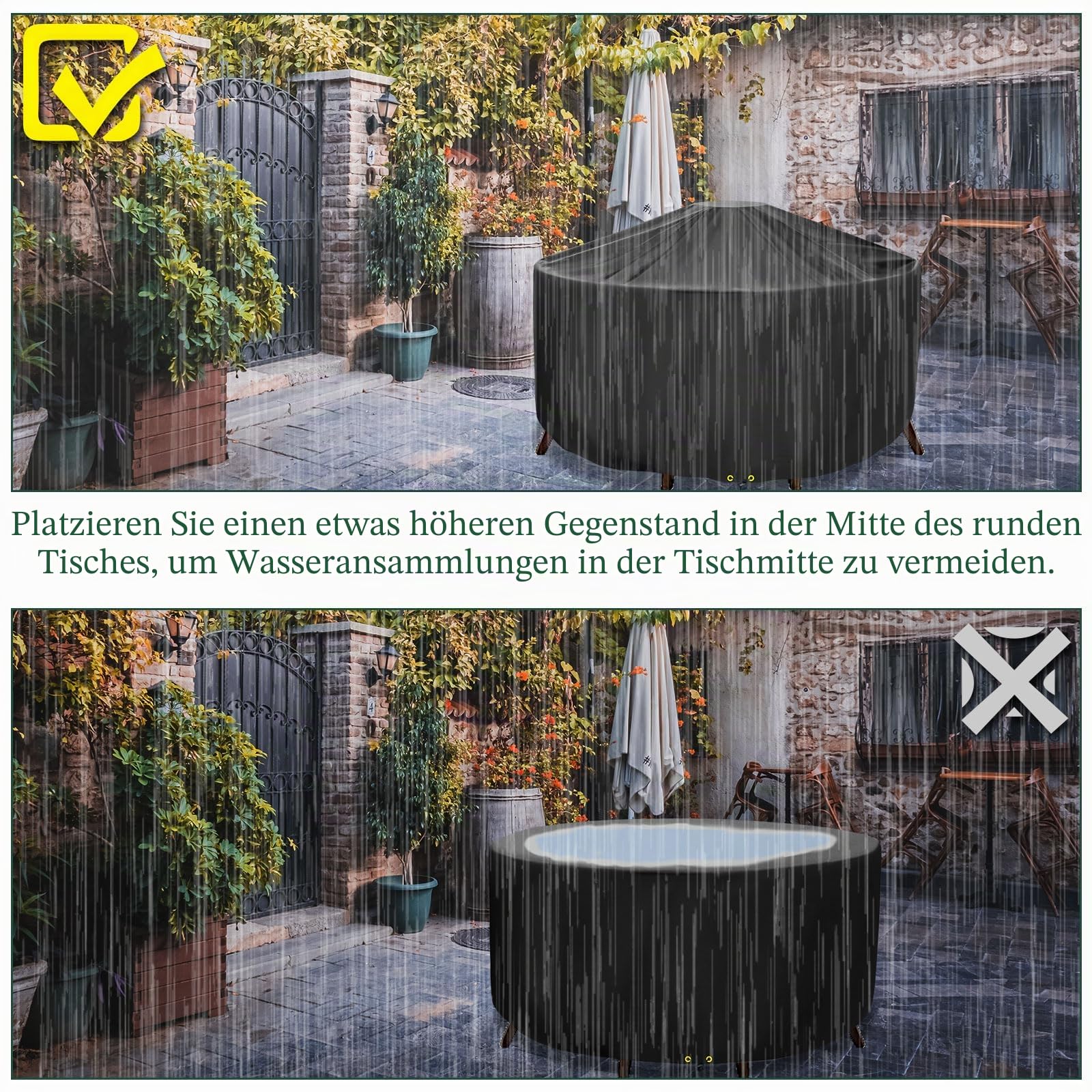 Rund Gartenmöbel Abdeckung Wasserdicht, Ø300 x 90cm, 420D Oxford Gewebe Gartenmöbel Abdeckplane für Gartentische Terrassenmöbel, Winddicht, UV Beständiges, Schutzhülle Gartenmöbel, Schwarz