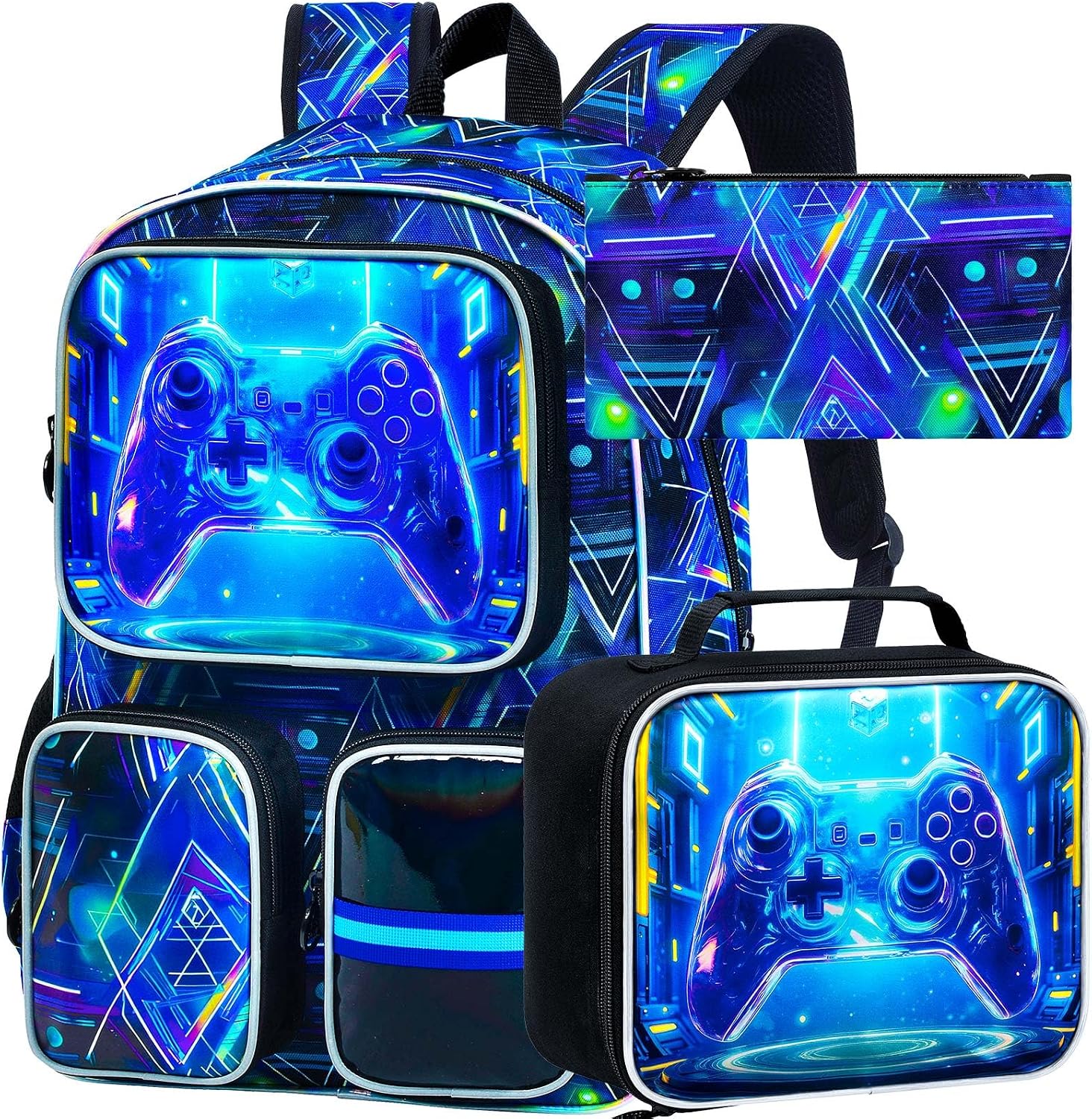 3PCS Backpack for Kids Set, 17‑inch Boys Backpack with Lunch Box, Water Resistant Kids School Bookbag for Preschool & Kindergarten - Blue Game