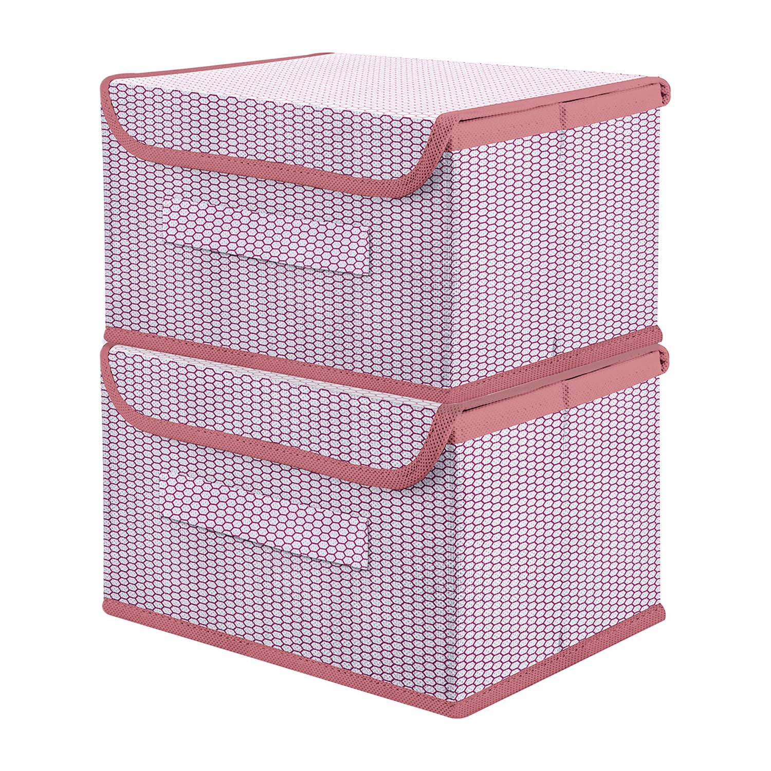 Kuber Industries Drawer Storage Box | Zig Zag Storage Box With Lid | Non-Woven Clothes Organizer For Toys | Storage Box with Handle | Medium | Pack of 2 | Pink