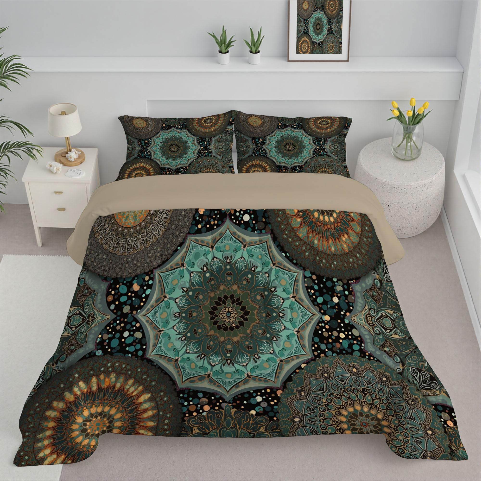 Couette reversible ete turquoise en microfibre douce style mandala chic 260x230