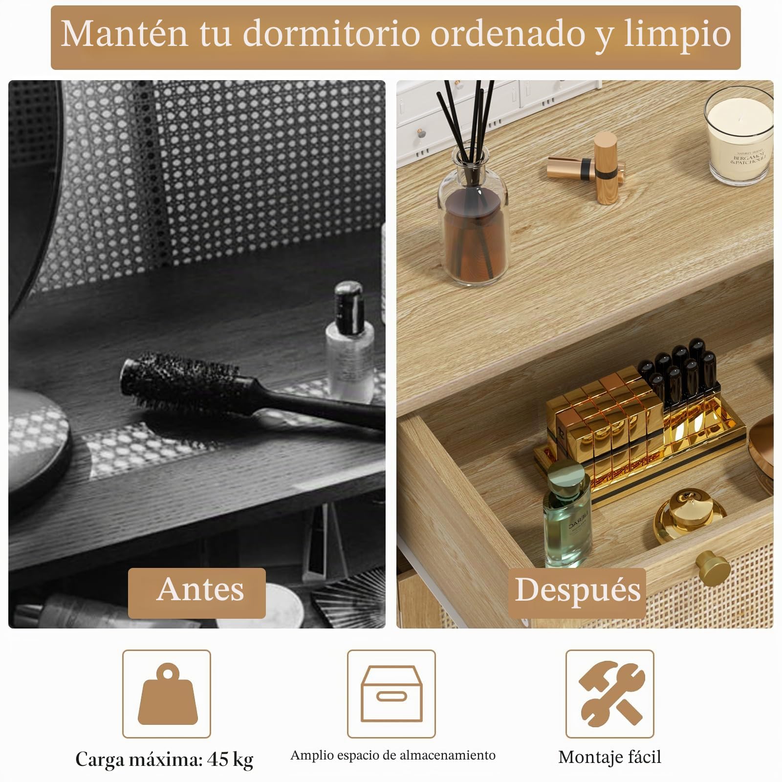 Cómoda con 3 Cajones Cómoda Dormitorio Estrecha con Frontales de Ratán y Patas Elevadas Cajonera para Salón Oficina 80x40x92cm Natural