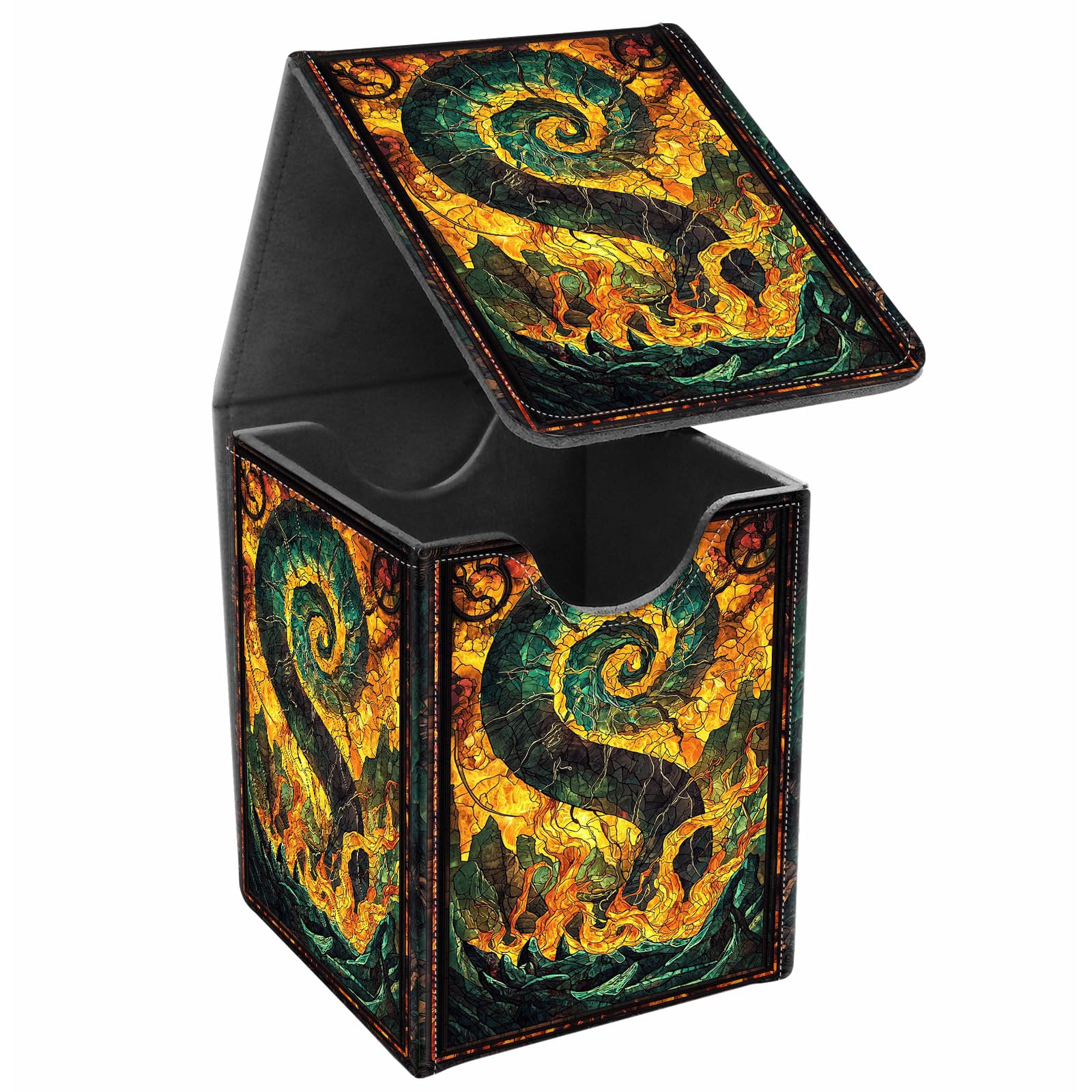 JANENFNA Card Deck Box, Card Storage Box Fits 100+ Single Sleeved Cards, Large Capacity PU Leather Card Storage Box with Strong Magnet for Magic Commander TCG/CCG, Volcanic Magma